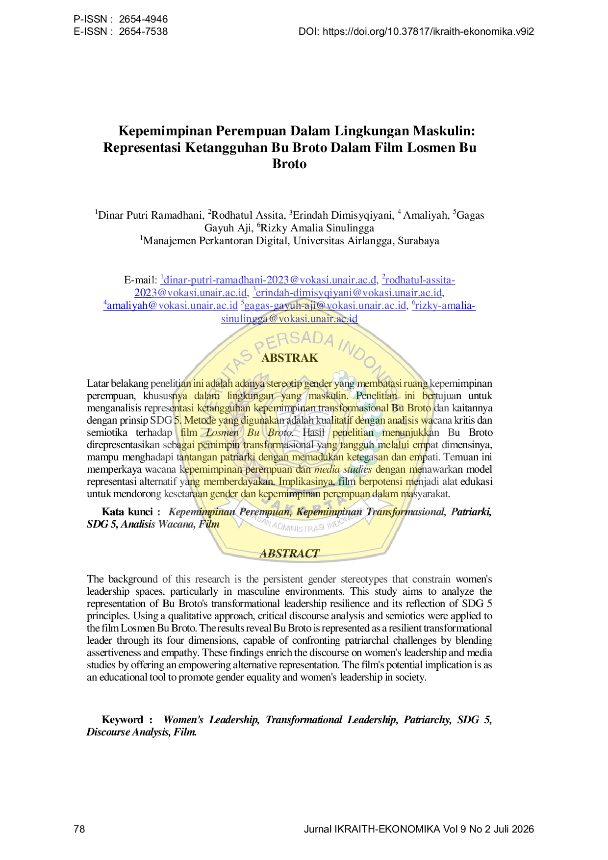 JURIS Kepemimpinan Perempuan Dalam Lingkungan Maskulin Representasi Ketangguhan Bu Broto Dalam Film Losmen Bu Broto