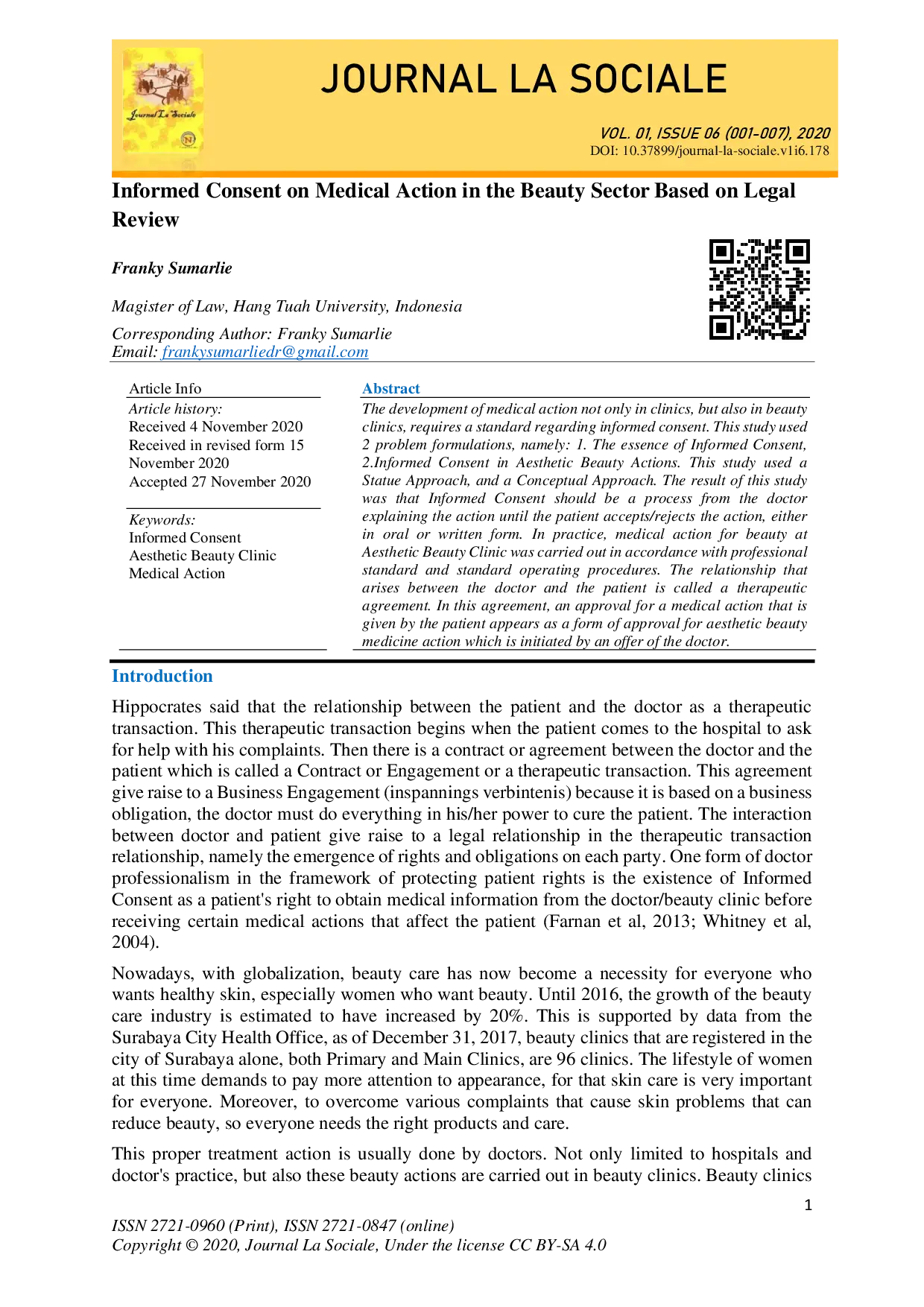juris Informed Consent on Medical Action in the Beauty Sector Based on Legal Review