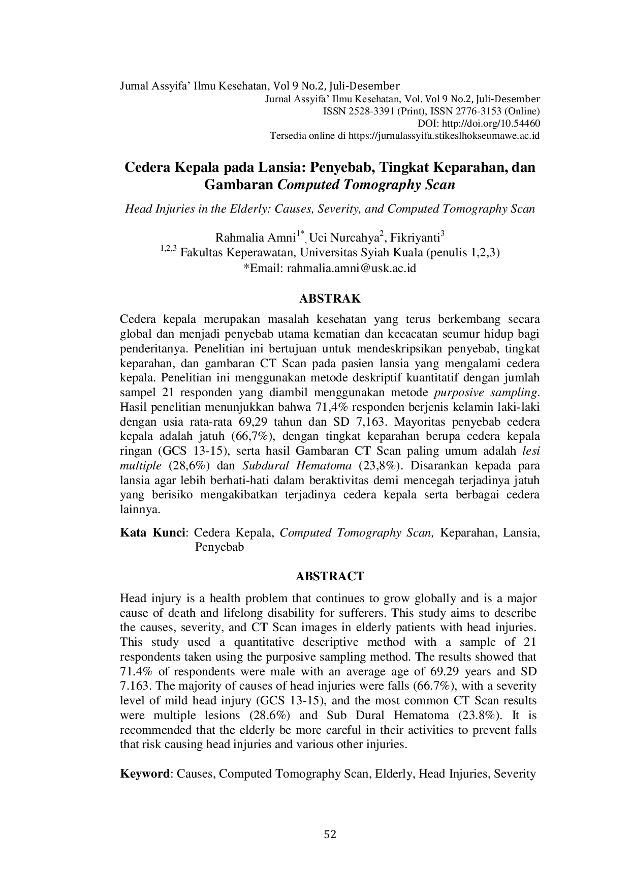 JURIS Cedera Kepala pada Lansia Penyebab Tingkat Keparahan dan Gambaran Computed Tomography Scan