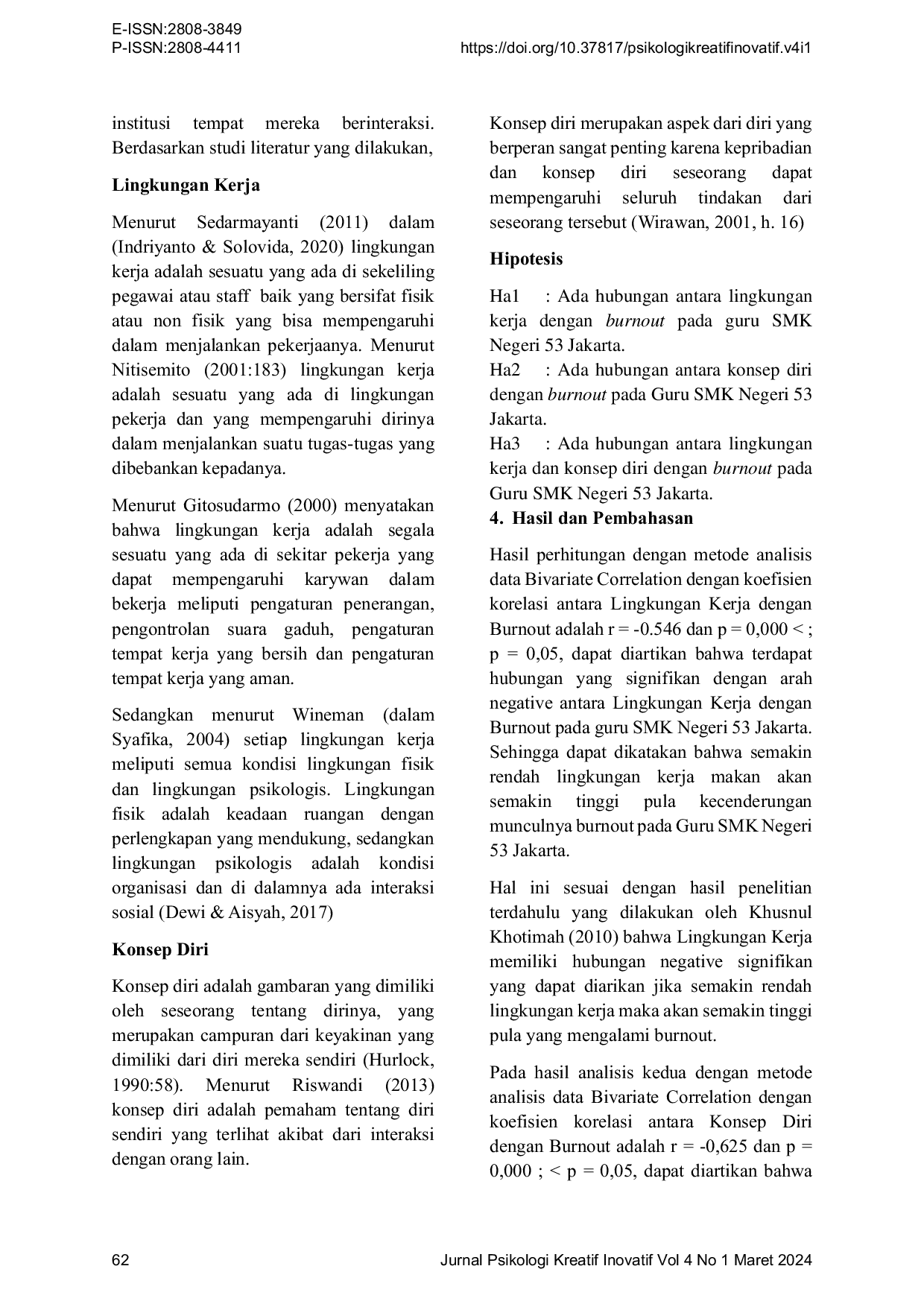 JURIS Hubungan Antara Lingkungan Kerja dan Konsep Diri dengan Burnout pada Guru SMK Negeri 53 Jakarta