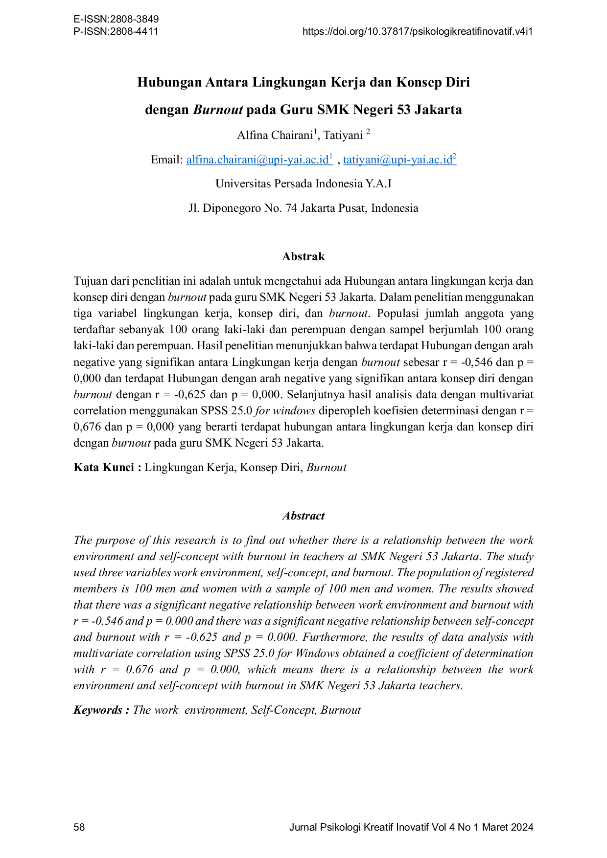 JURIS Hubungan Antara Lingkungan Kerja dan Konsep Diri dengan Burnout pada Guru SMK Negeri 53 Jakarta