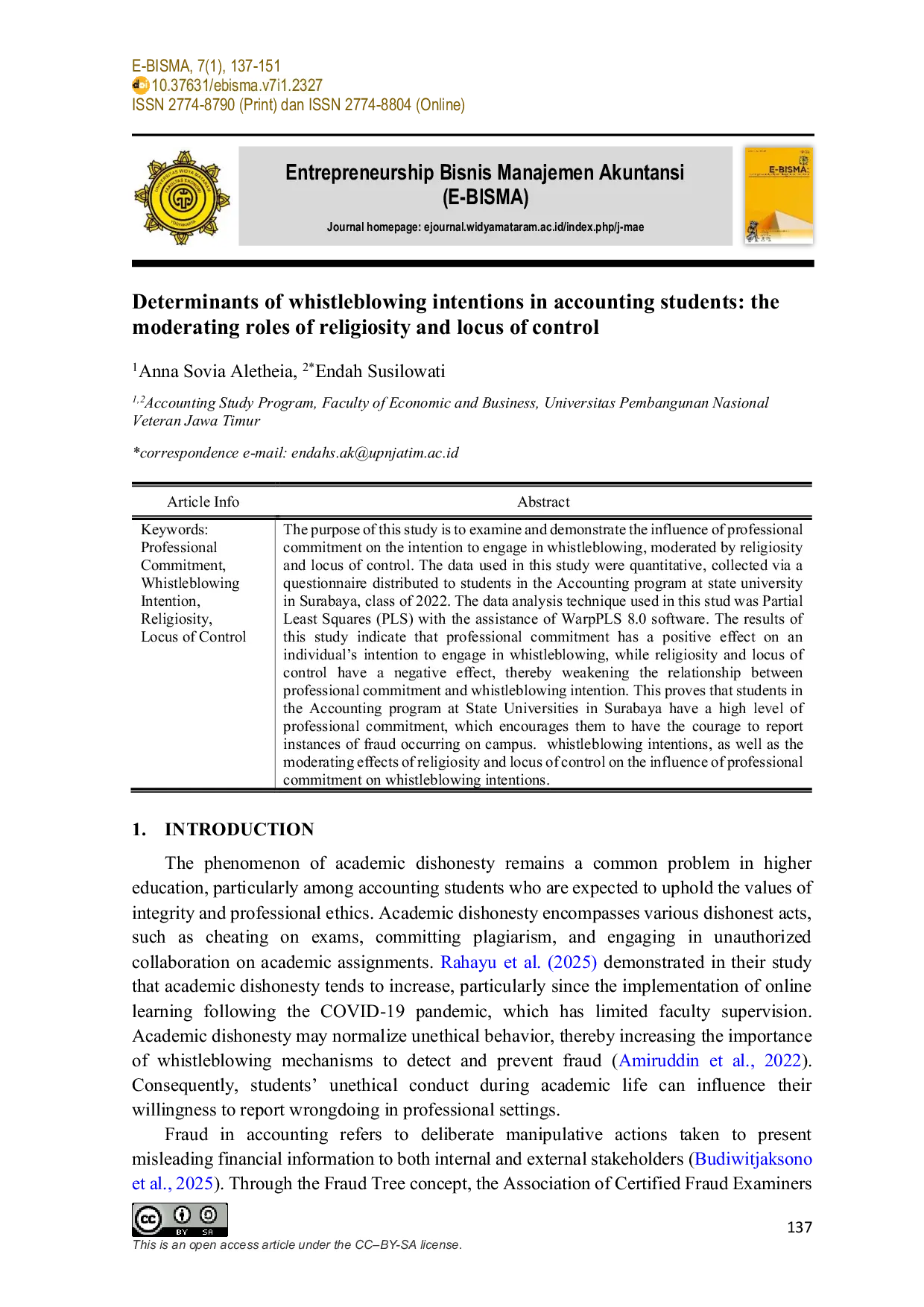 JURIS Determinants of whistleblowing intentions in accounting students the moderating roles of religiosity and locus of control