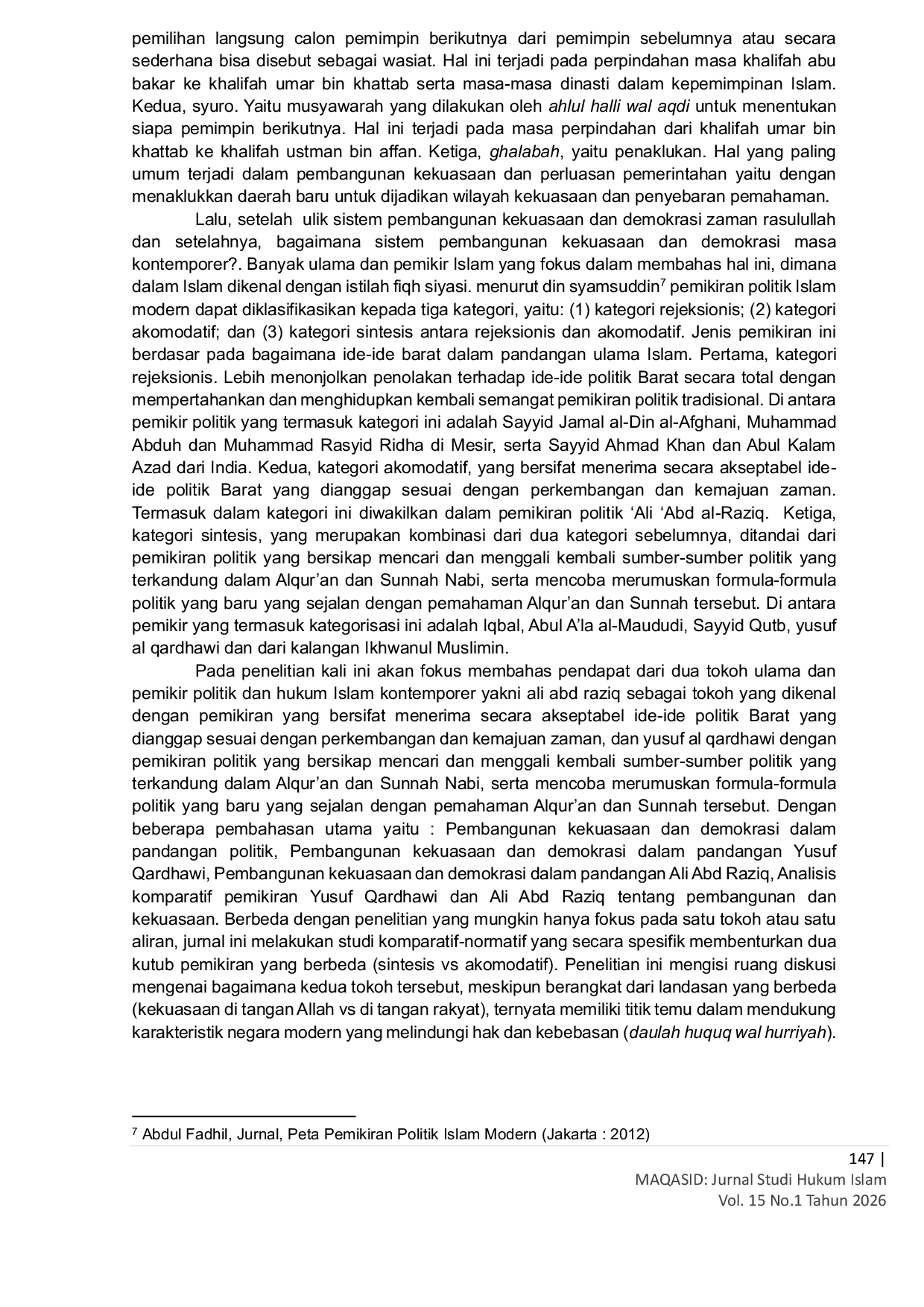 JURIS Konsep Kekuasaan Dan Demokrasi Dalam Politik Islam Kontemporer Studi Komparatif Pemikiran Qardhawi Dan Ali Abd Raziq