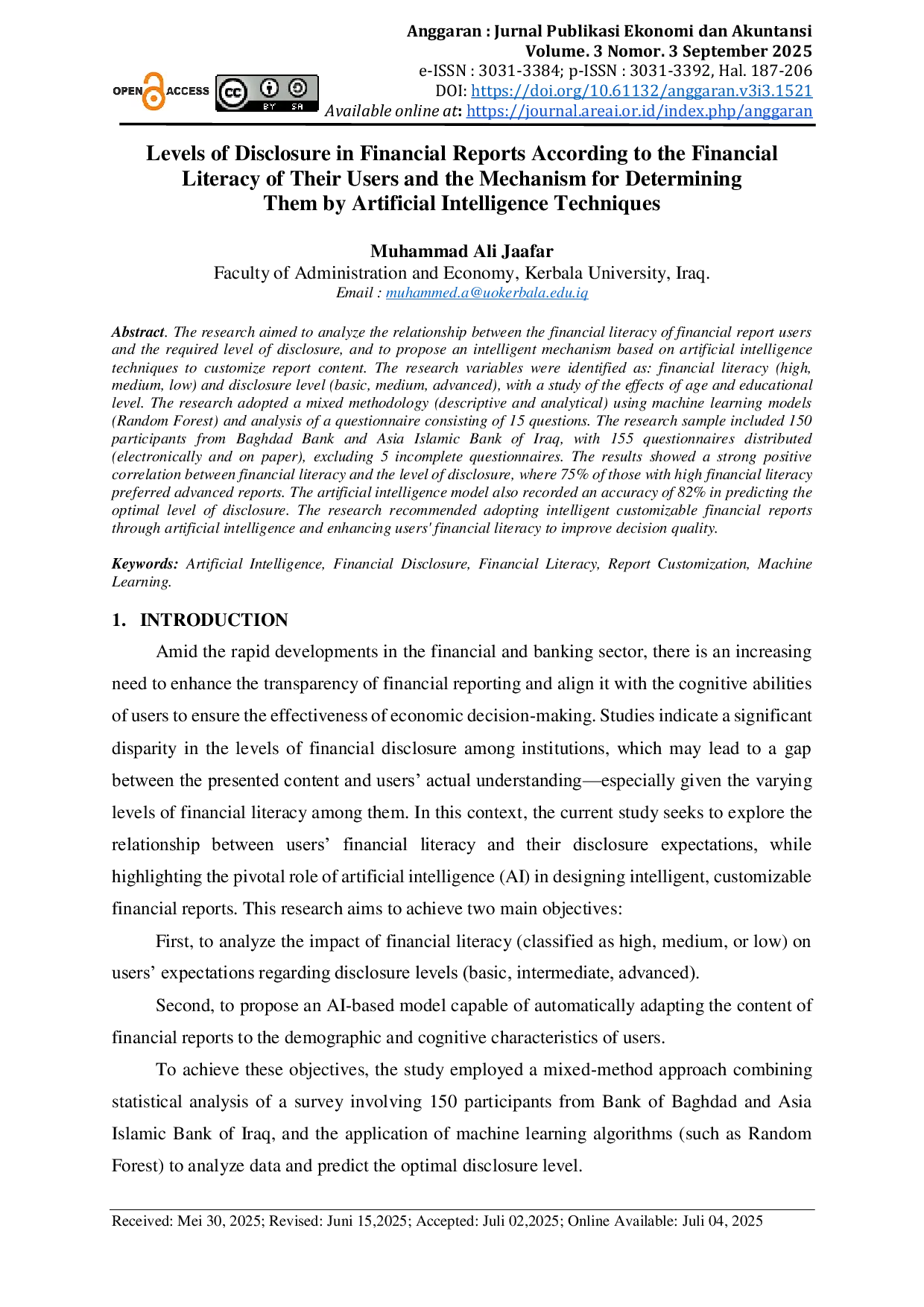 JURIS Levels of Disclosure in Financial Reports According to the Financial Literacy of Their Users and the Mechanism for Determining Them by Artificial Intelligence Techniques