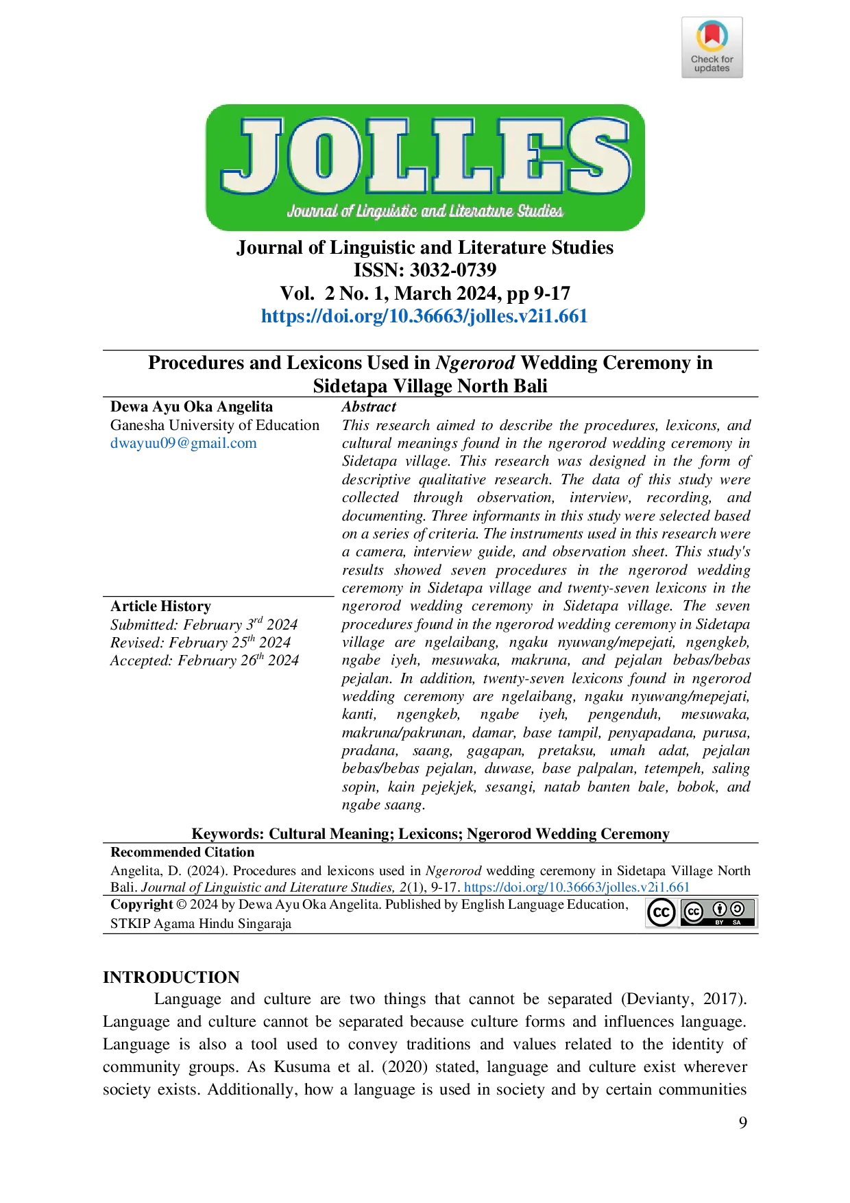 JURIS Procedures and Lexicons Used in Ngerorod Wedding Ceremony in Sidetapa Village North Bali