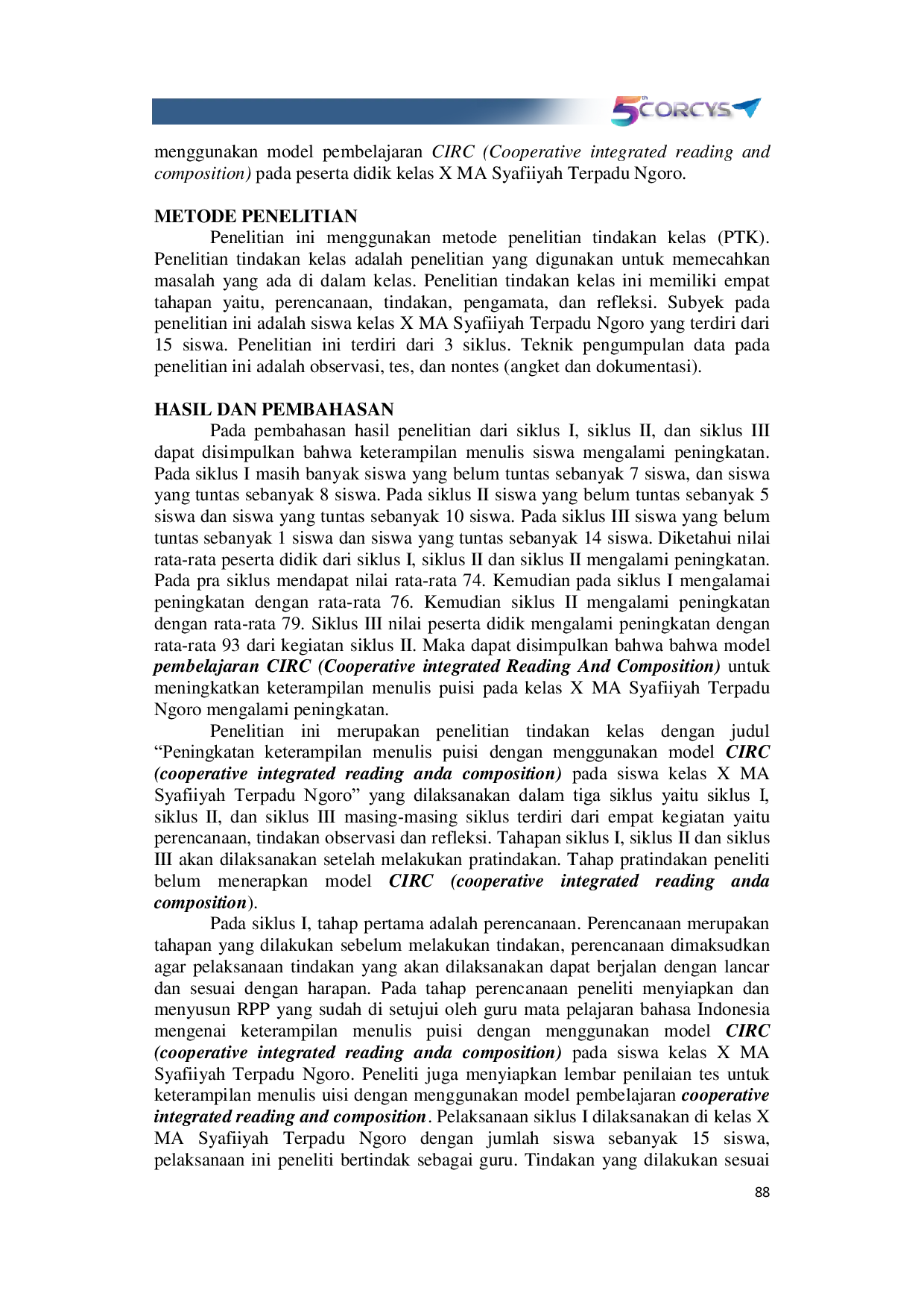 JURIS Peningkatan Keterampilan Menulis Puisi Melalui Model Cooperative Integrated Reading and Composition CIRC Pada Siswa Kelas X MA Syafiiyah Terpadu Ngoro