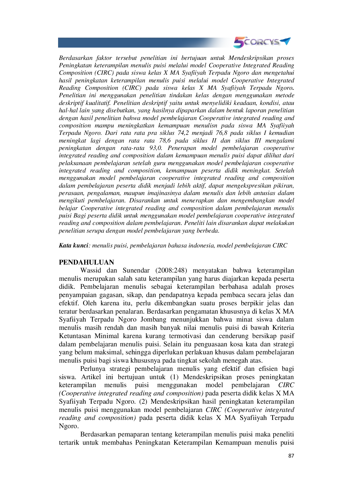 JURIS Peningkatan Keterampilan Menulis Puisi Melalui Model Cooperative Integrated Reading and Composition CIRC Pada Siswa Kelas X MA Syafiiyah Terpadu Ngoro