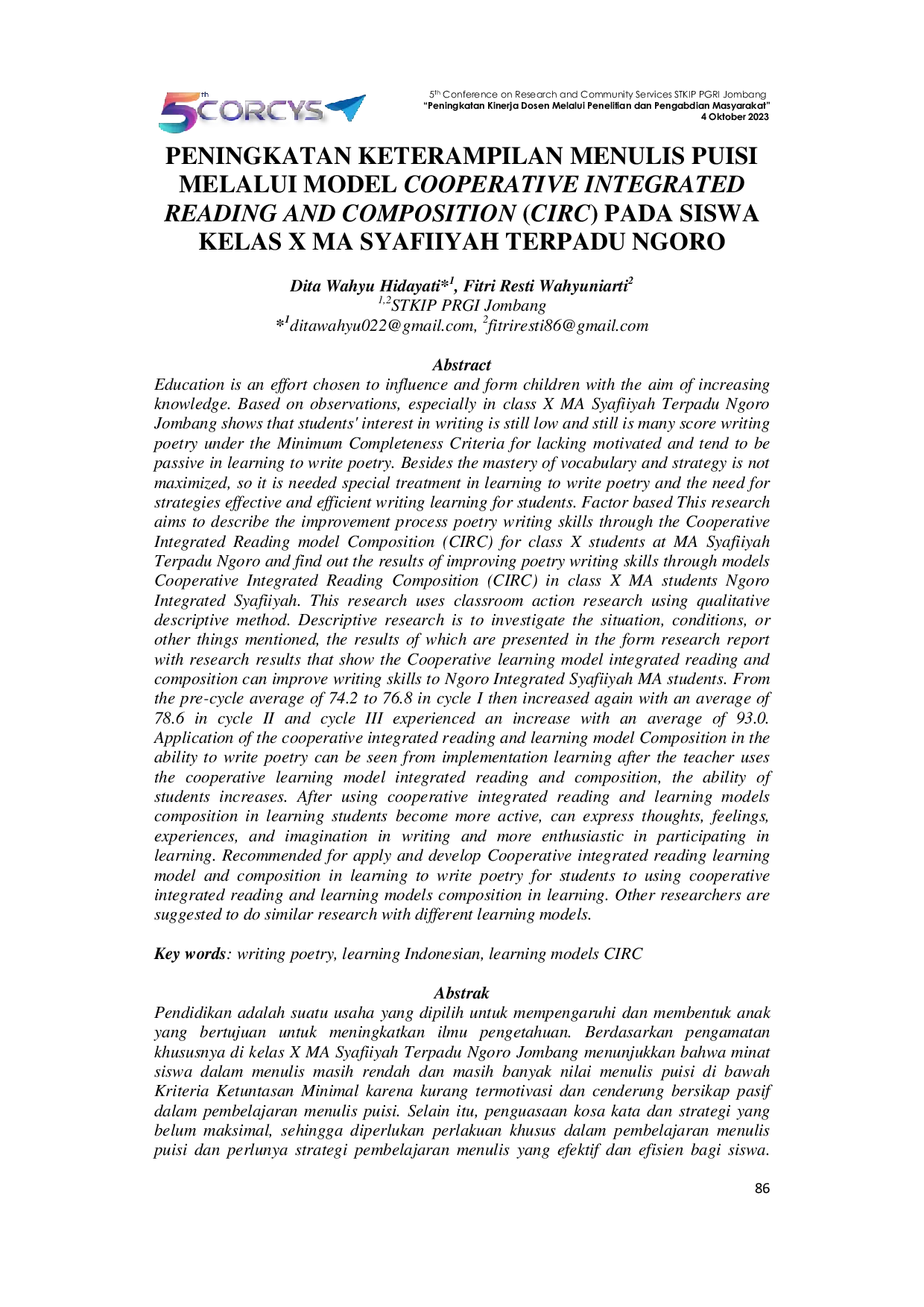 JURIS Peningkatan Keterampilan Menulis Puisi Melalui Model Cooperative Integrated Reading and Composition CIRC Pada Siswa Kelas X MA Syafiiyah Terpadu Ngoro