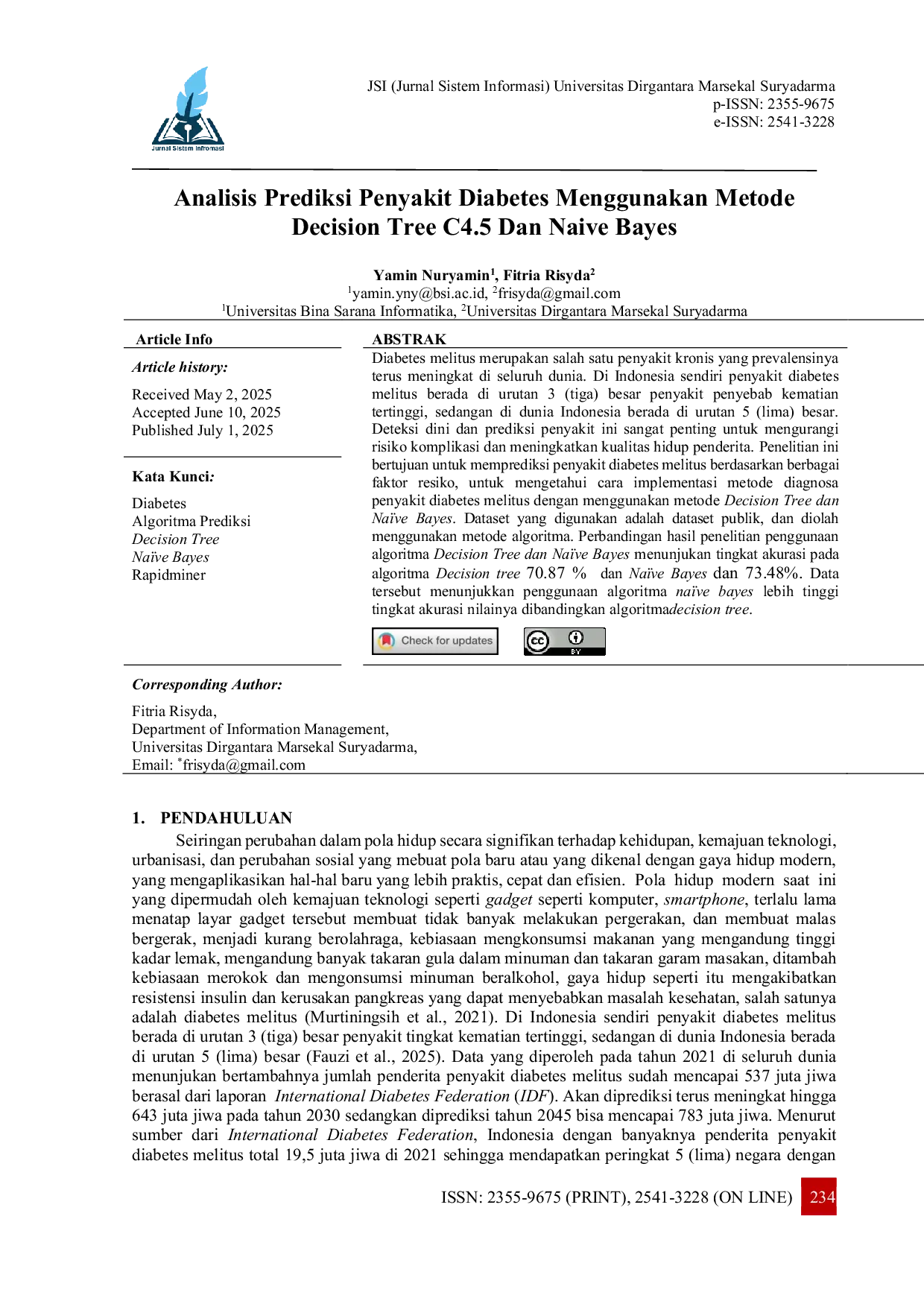 JURIS Analisis Prediksi Penyakit Diabetes Menggunakan Metode Decision Tree C4 5 Dan Naive Bayes