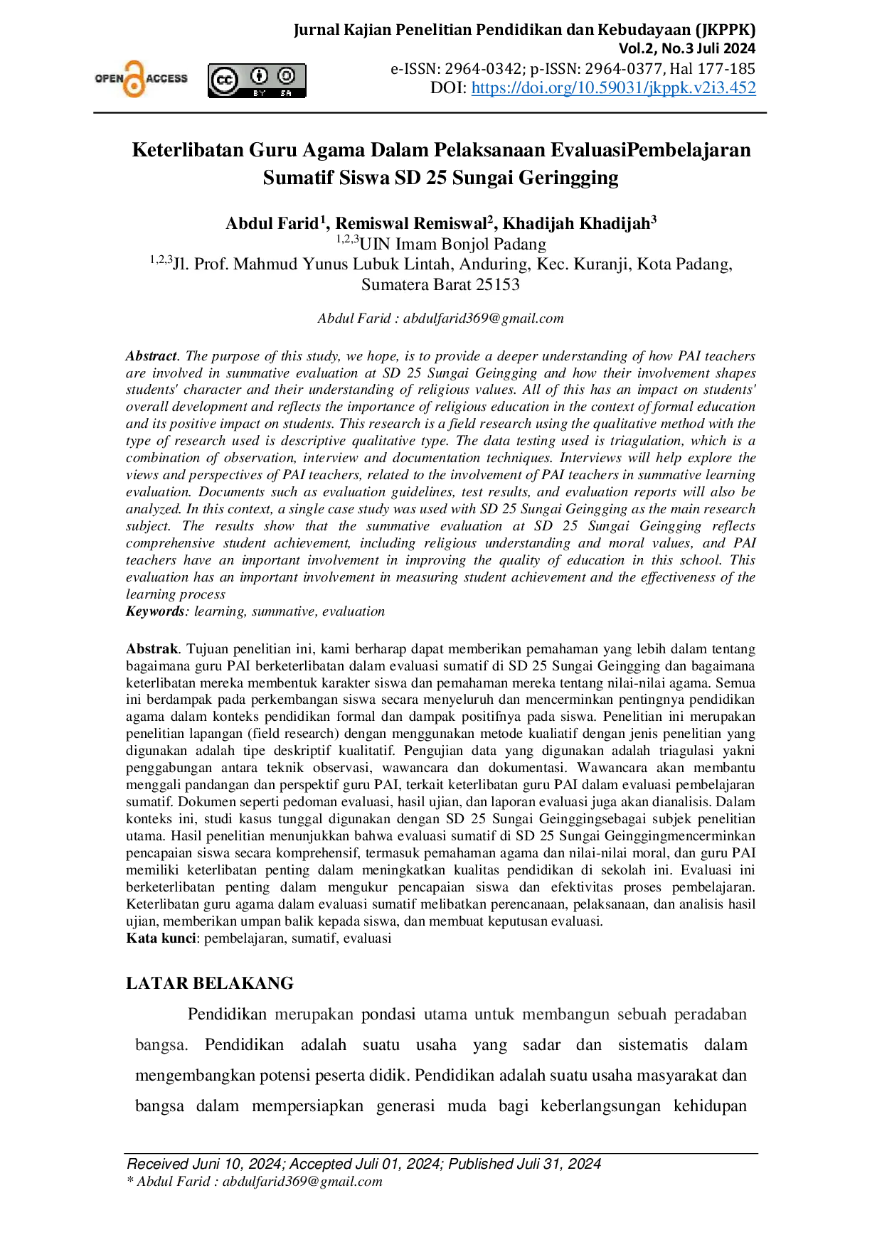 JURIS Keterlibatan Guru Agama Dalam Pelaksanaan Evaluasi Pembelajaran Sumatif Siswa SD 25 Sungai Geringging