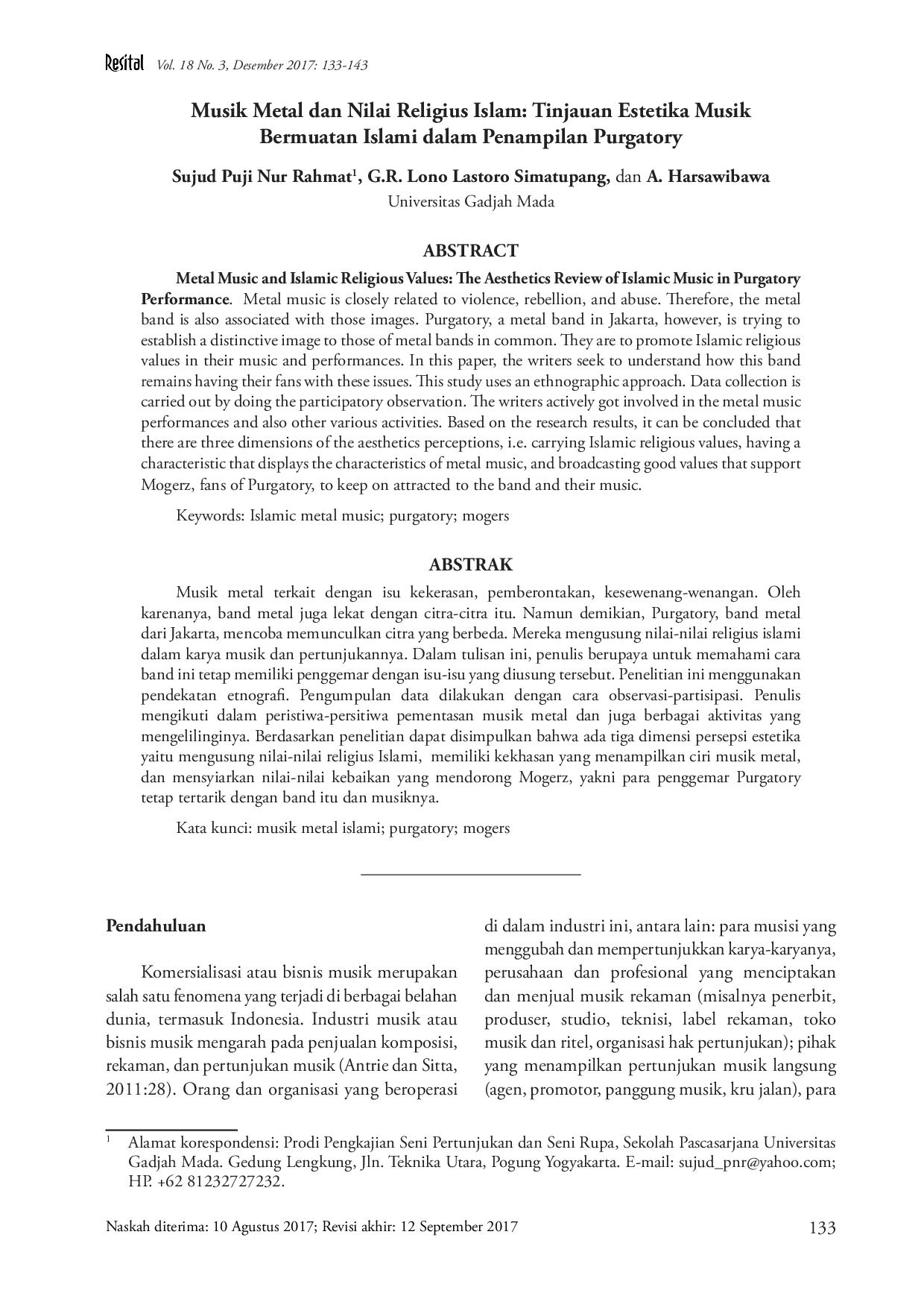 juris Musik Metal dan Nilai Religius Islam Tinjauan Estetika Musik Bermuatan Islami dalam Penampilan Purgatory