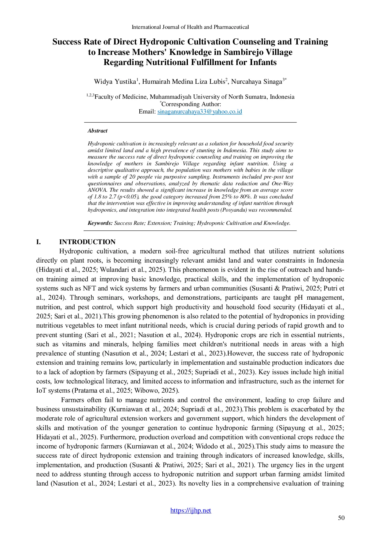 JURIS Success Rate of Direct Hydroponic Cultivation Counseling and Training to Increase Mothers Knowledge in Sambirejo Village Regarding Nutritional Fulfillment for Infants