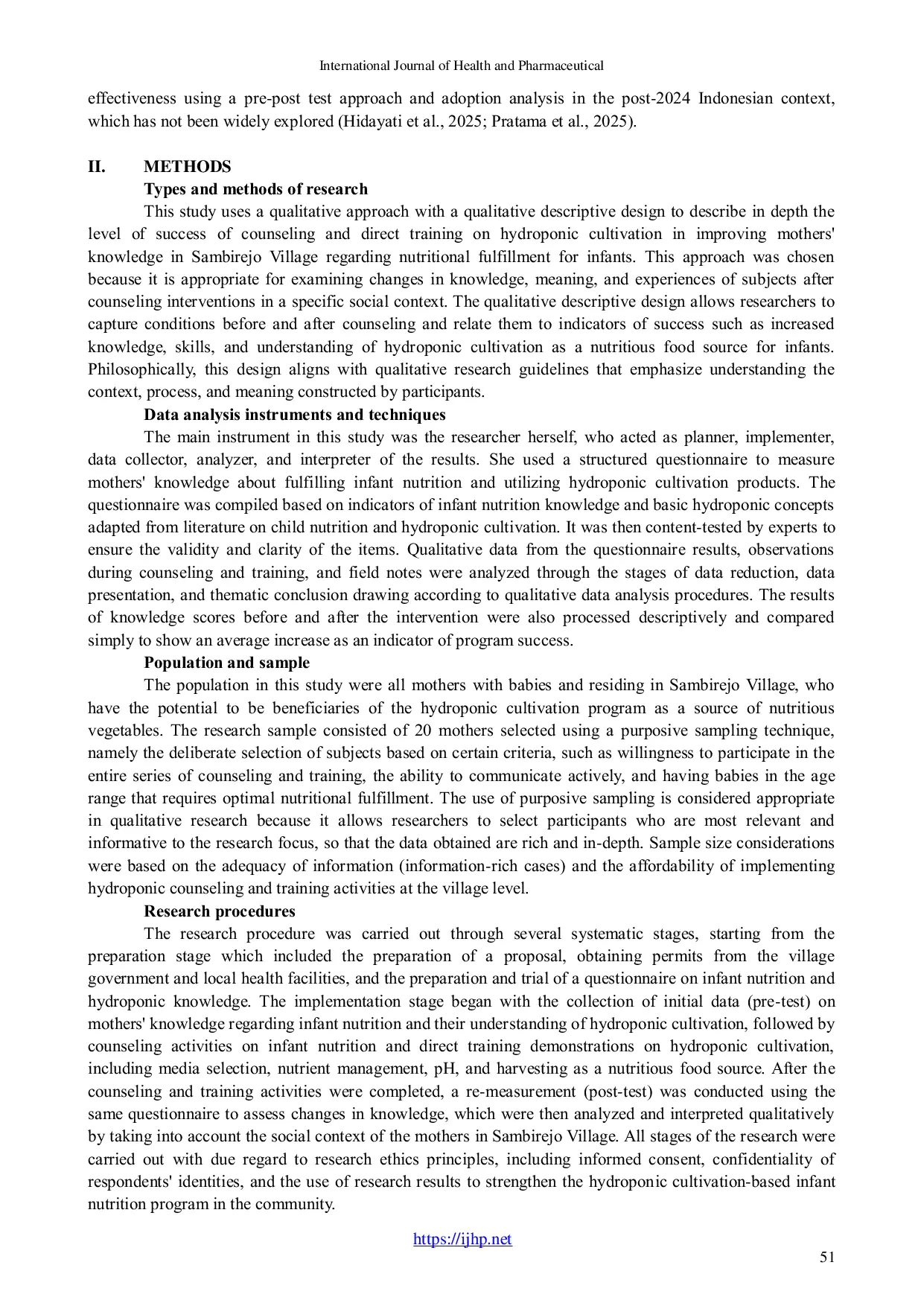 JURIS Success Rate of Direct Hydroponic Cultivation Counseling and Training to Increase Mothers Knowledge in Sambirejo Village Regarding Nutritional Fulfillment for Infants