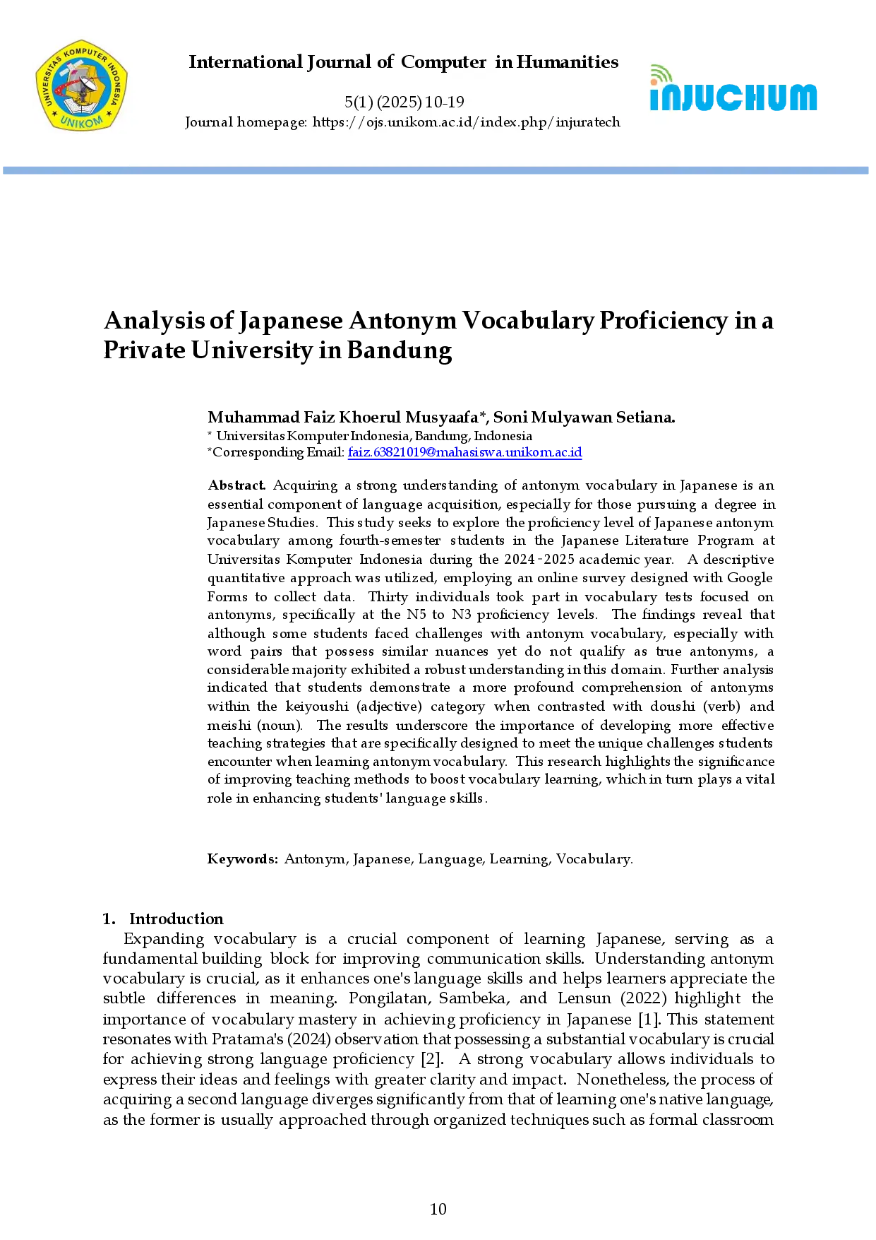 juris Analysis of Japanese Antonym Vocabulary Proficiency in a Private University in Bandung