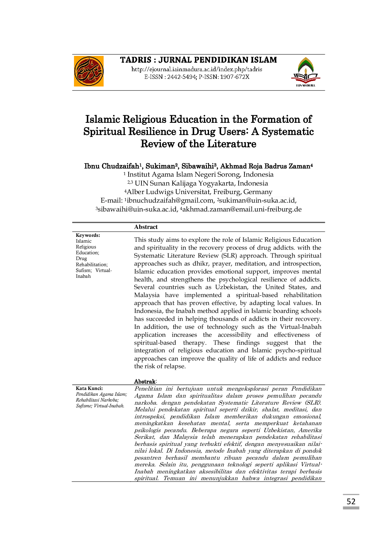 JURIS Islamic Religious Education in the Formation of Spiritual Resilience in Drug Users A Systematic Review of the Literature