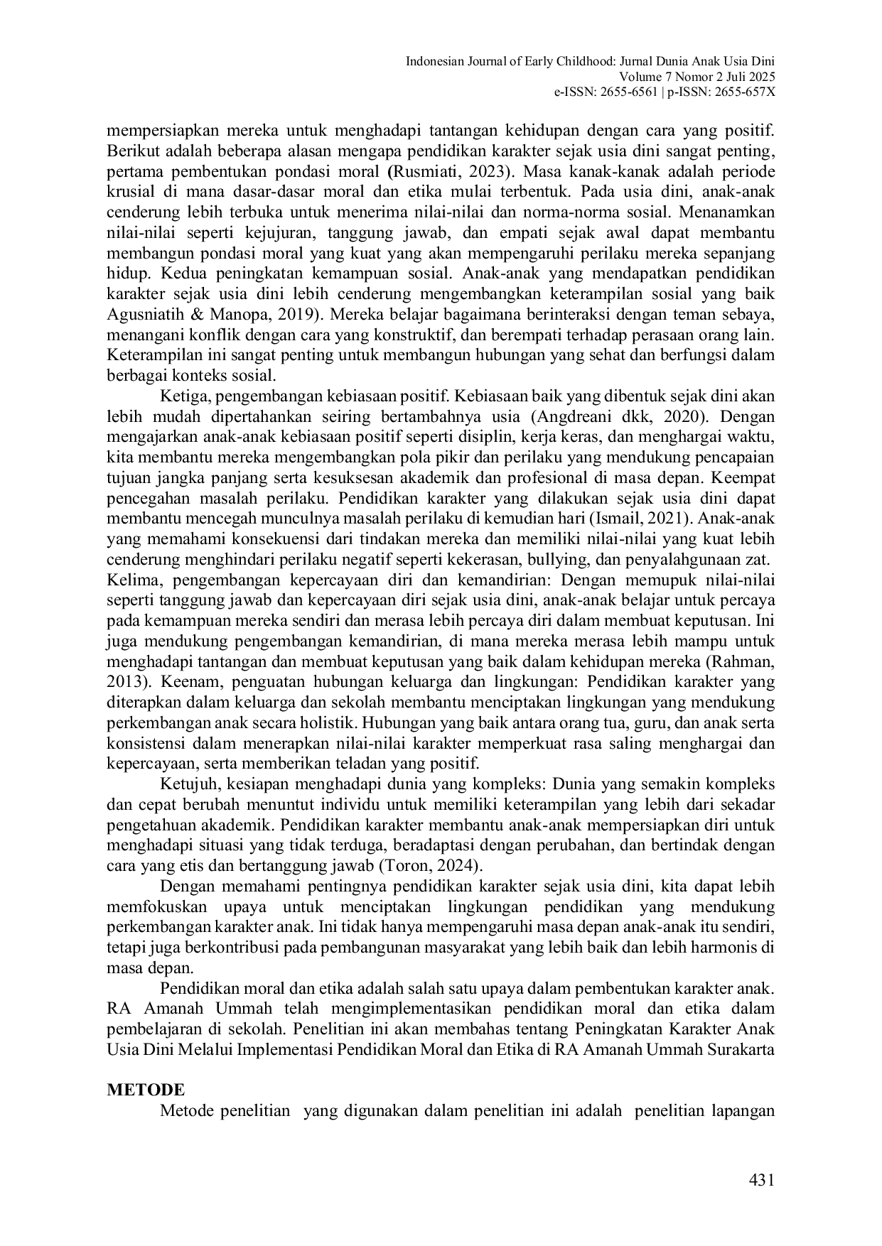 JURIS Peningkatan Karakter Anak Usia Dini Melalui Implementasi Pendidikan Moral dan Etika di RA Amanah Ummah Surakarta Improving Early Childhood Character Through the Implementation of Moral and Ethical Ed