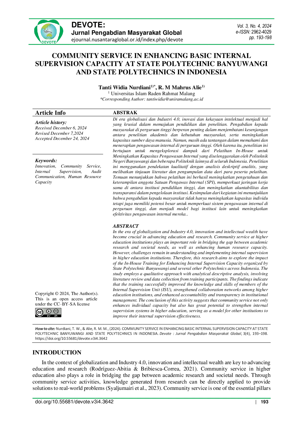 JURIS Community Service In Enhancing Basic Internal Supervision Capacity At State Polytechnic Banyuwangi And State Polytechnics In Indonesia