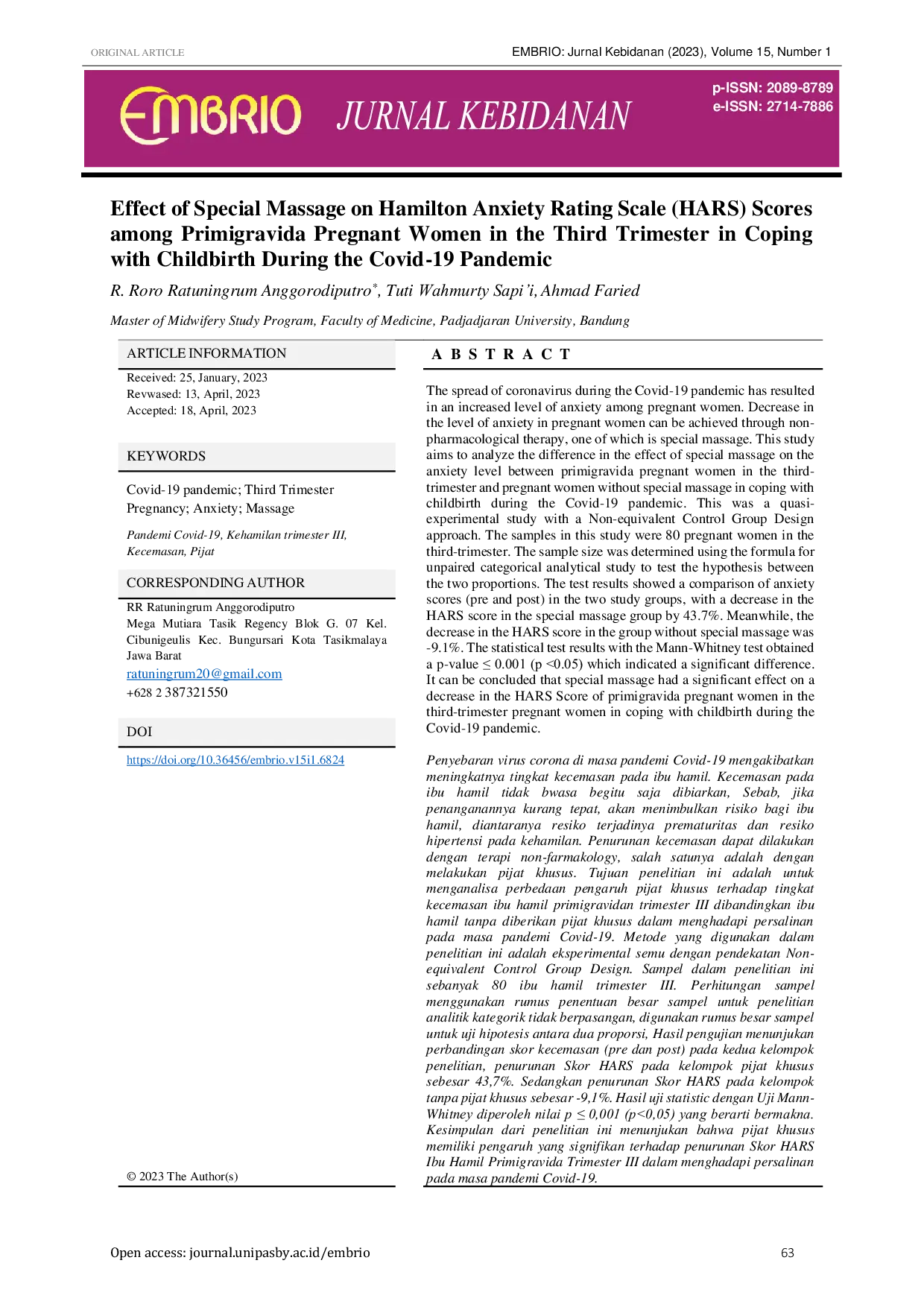 JURIS Effect of Special Massage on Hamilton Anxiety Rating Scale HARS Scores Among Primigravida Pregnant Women in the Third Trimester in Coping with Childbirth During the Covid 19 Pandemic