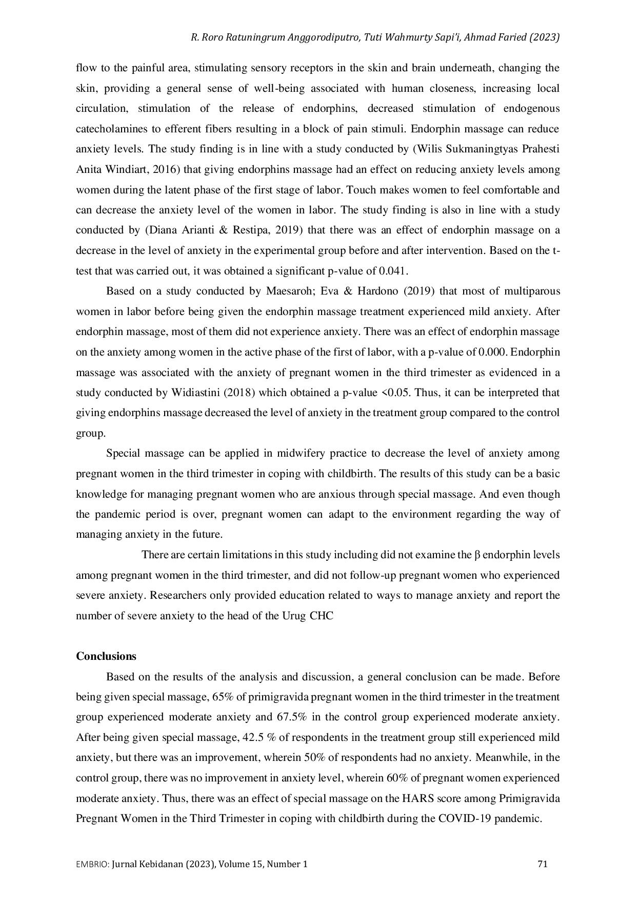 JURIS Effect of Special Massage on Hamilton Anxiety Rating Scale HARS Scores Among Primigravida Pregnant Women in the Third Trimester in Coping with Childbirth During the Covid 19 Pandemic
