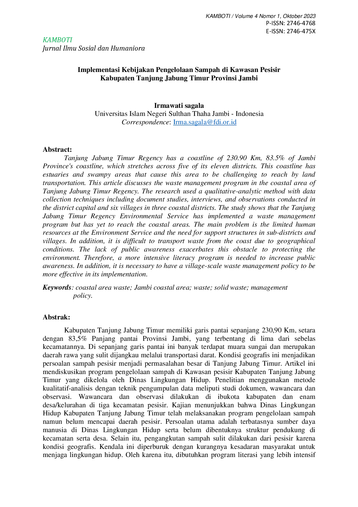 juris Implementasi Kebijakan Pengelolaan Sampah di Kawasan Pesisir Kabupaten Tanjung Jabung Timur Provinsi Jambi