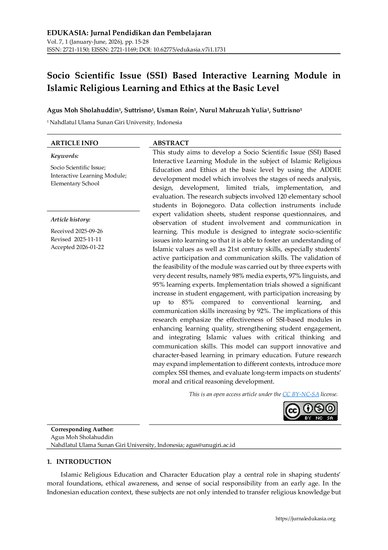 JURIS Socio Scientific Issue Based Interactive Learning Module in Islamic Religious Learning and Ethics at the Basic Level