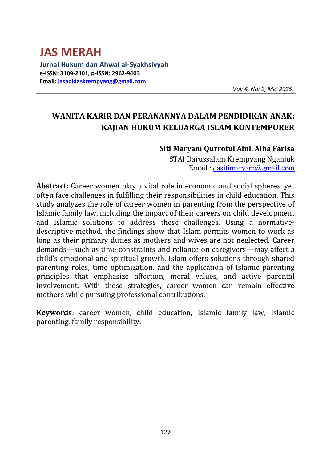 JURIS Wanita Karir Dan Peranannya Dalam Pendidikan Anak Kajian Hukum Keluarga Islam Kontemporer
