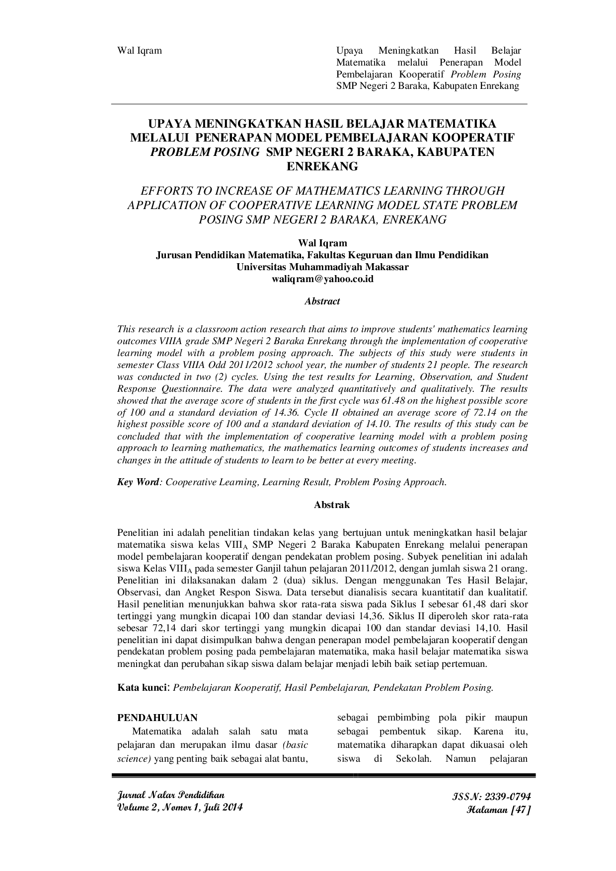 JURIS Upaya Meningkatkan Hasil Belajar Matematika melalui Penerapan Model Pembelajaran Kooperatif Problem Posing SMP Negeri 2 Baraka Kabupaten Enrekang