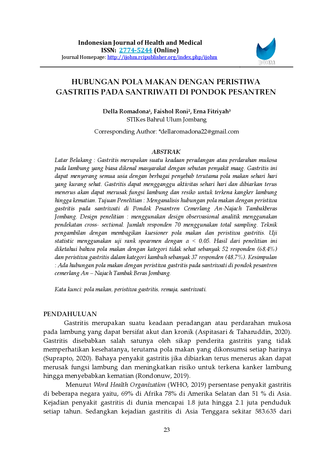 juris Hubungan Pola Makan Dengan Peristiwa Gastritis Pada Santriwati Di Pondok Pesantren