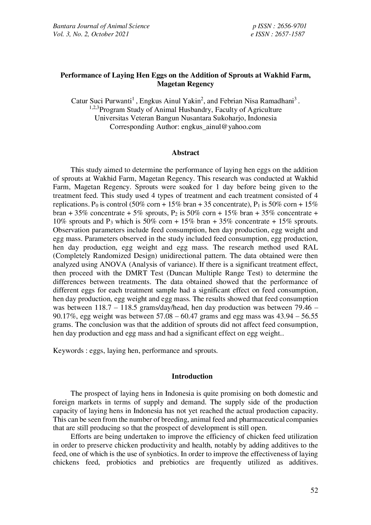 JURIS Performance of Laying Hen Eggs on the Addition of Sprouts at Wakhid Farm Magetan Regency