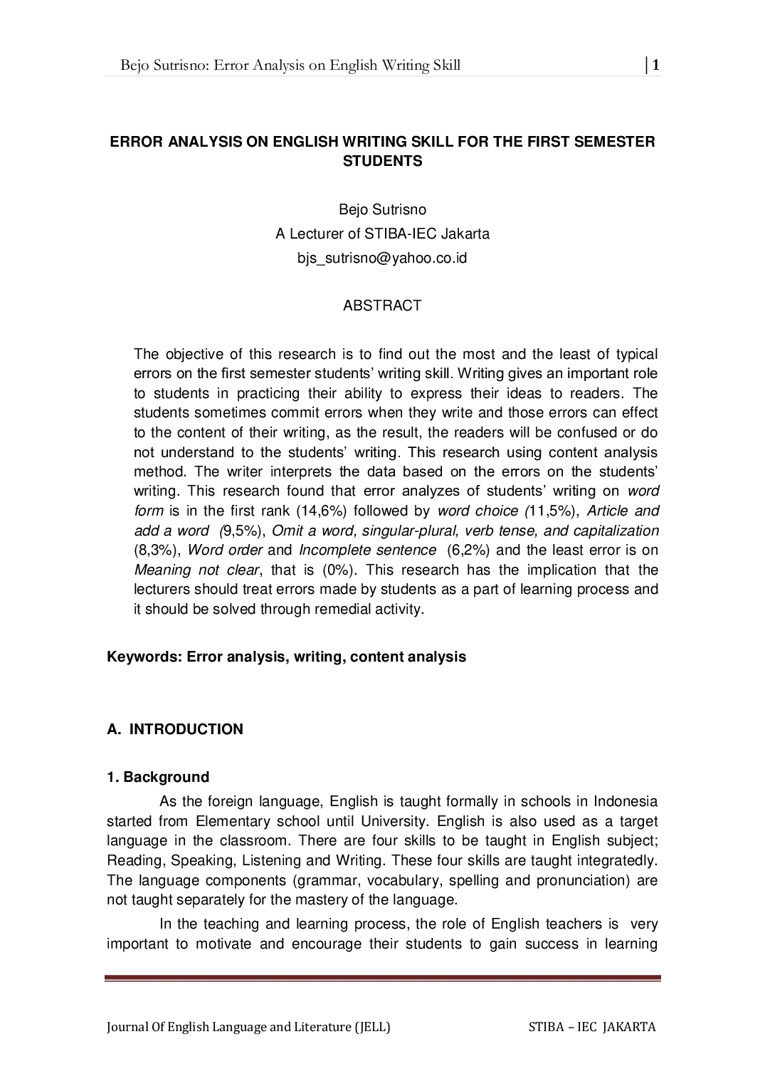 JURIS Error Analysis on English Writing Skill for the First Semester Students
