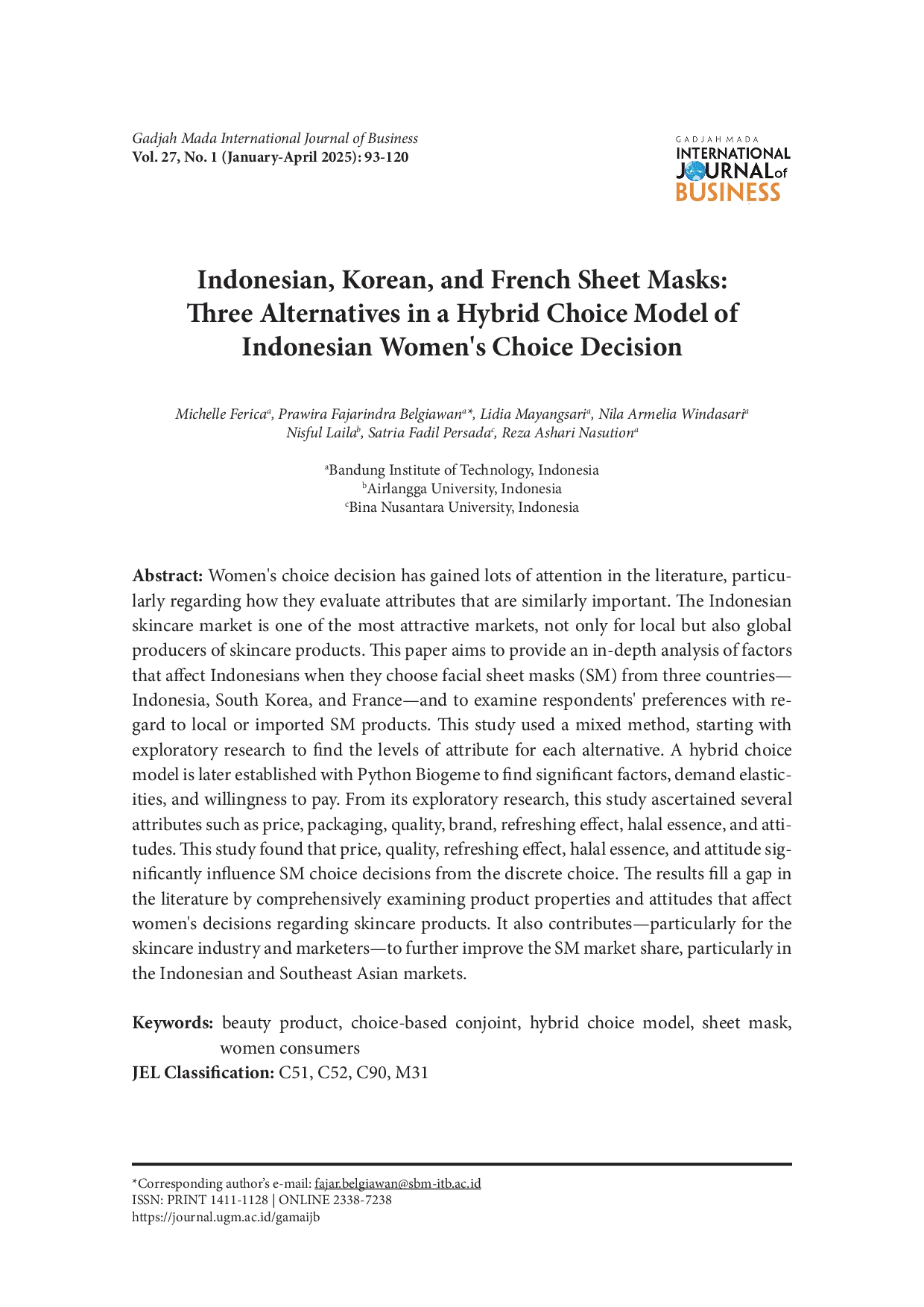 JURIS Indonesian Korean and French Sheet Masks Three Alternatives in a Hybrid Choice Model of Indonesian Women s Choice Decision