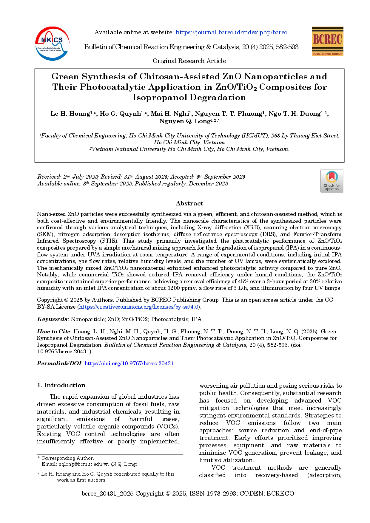 juris Green Synthesis Of Chitosan Assisted ZnO Nanoparticles And Their Photocatalytic Application In ZnO TiO2 Composites For Isopropanol Degradation
