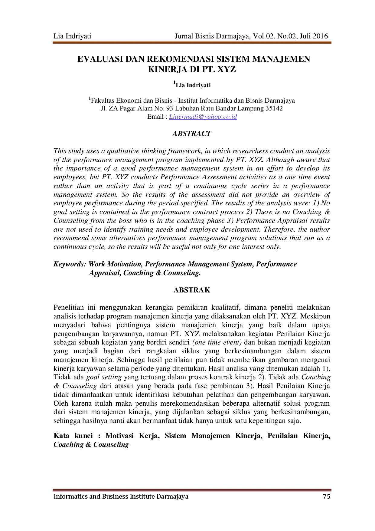 juris Evaluasi Dan Rekomendasi Sistem Manajemen Kinerja Di Pt Xyz