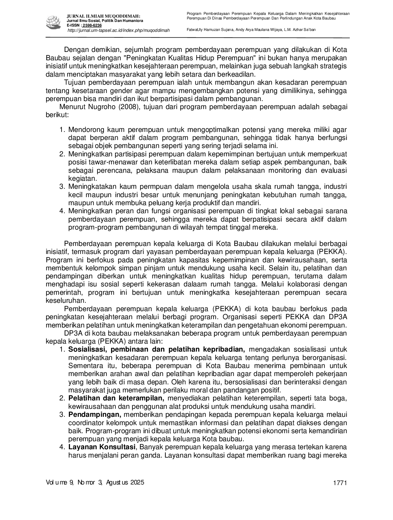 JURIS Program Pemberdayaan Perempuan Kepala Keluarga Dalam Meningkatkan Kesejahteraan Perempuan Di Dinas Pemberdayaan Perempuan Dan Perlindungan Anak Kota Baubau