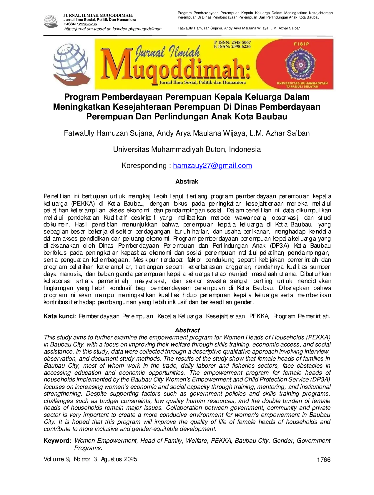 JURIS Program Pemberdayaan Perempuan Kepala Keluarga Dalam Meningkatkan Kesejahteraan Perempuan Di Dinas Pemberdayaan Perempuan Dan Perlindungan Anak Kota Baubau