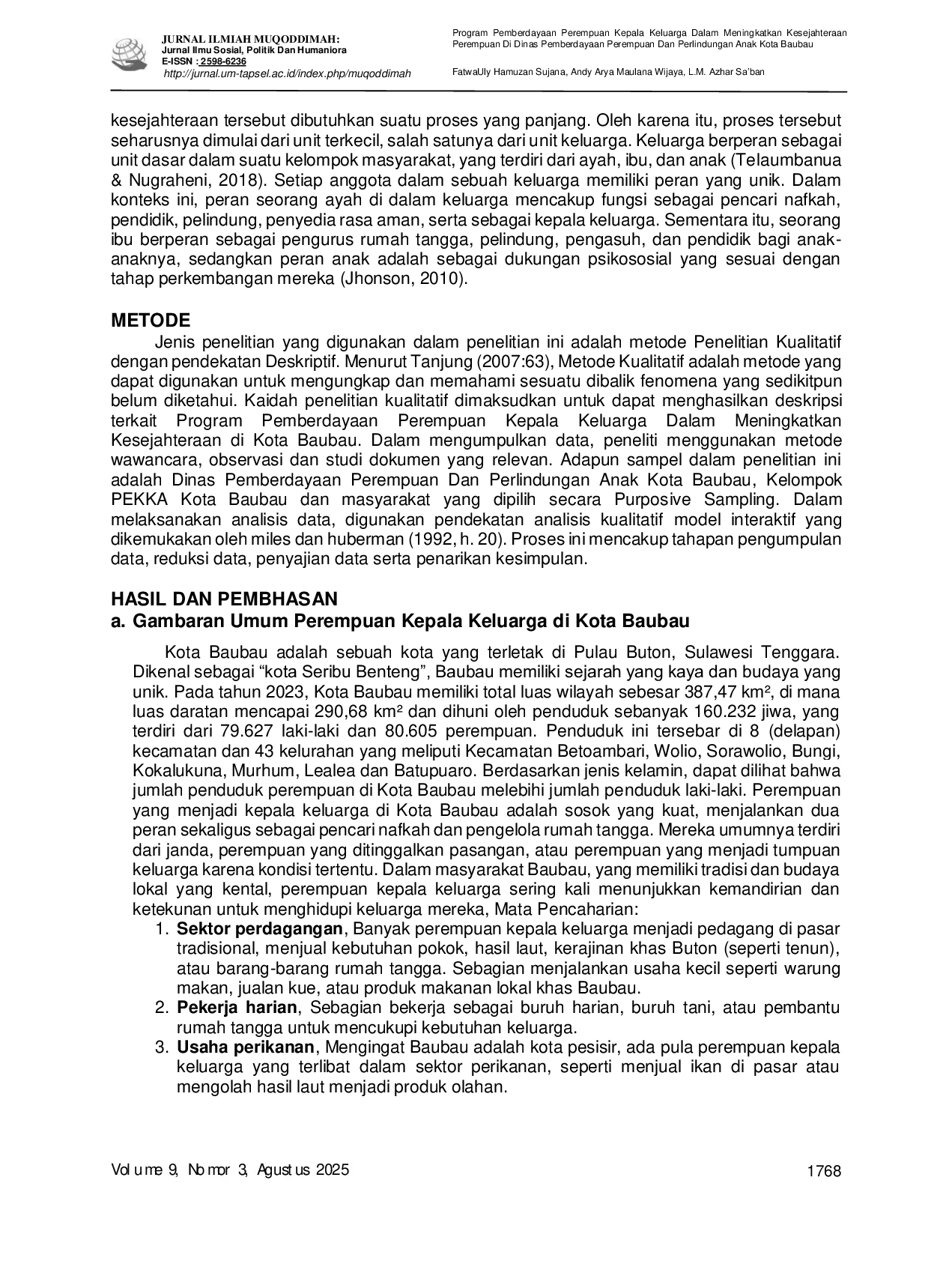 JURIS Program Pemberdayaan Perempuan Kepala Keluarga Dalam Meningkatkan Kesejahteraan Perempuan Di Dinas Pemberdayaan Perempuan Dan Perlindungan Anak Kota Baubau