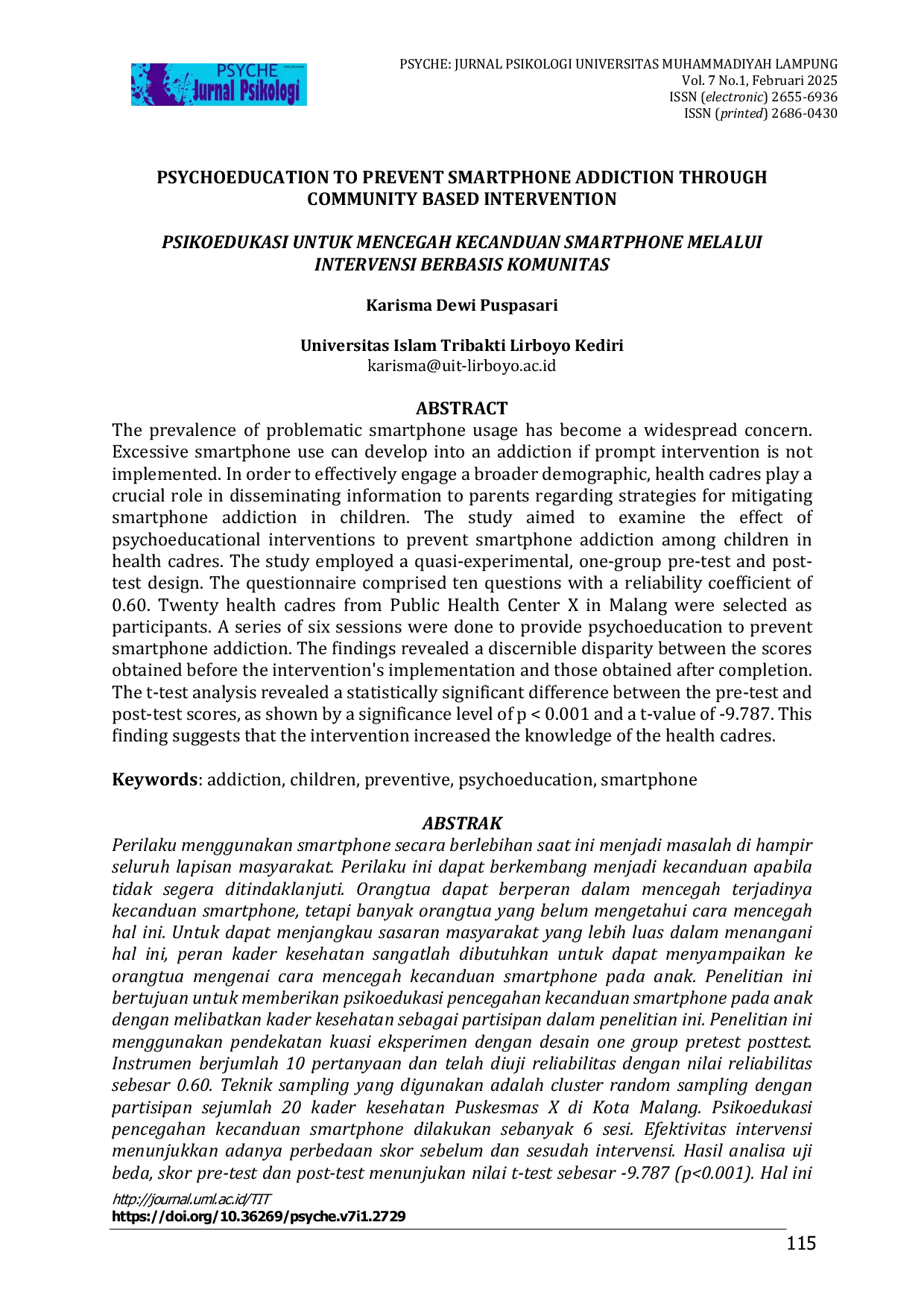 JURIS Psikoedukasi Untuk Mencegah Kecanduan Smartphone Melalui Intervensi Berbasis Komunitas