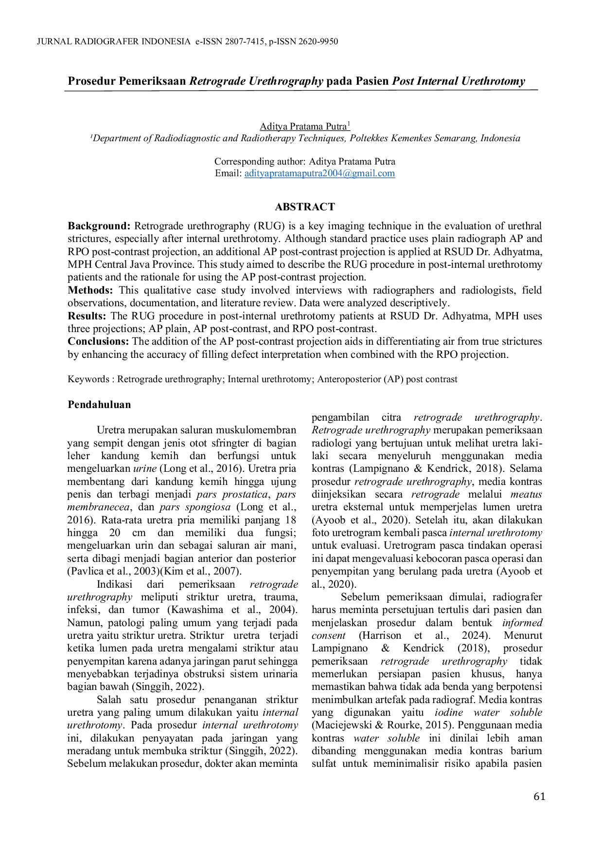 JURIS Prosedur Pemeriksaan Retrograde Urethrography pada Pasien Post Internal Urethrotomy