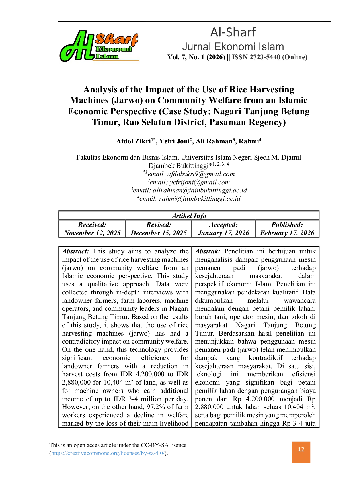 JURIS Analysis of the Impact of the Use of Rice Harvesting Machines Jarwo on Community Welfare from an Islamic Economic Perspective Case Study Nagari Tanjung Betung Timur Rao Selatan District Pasaman