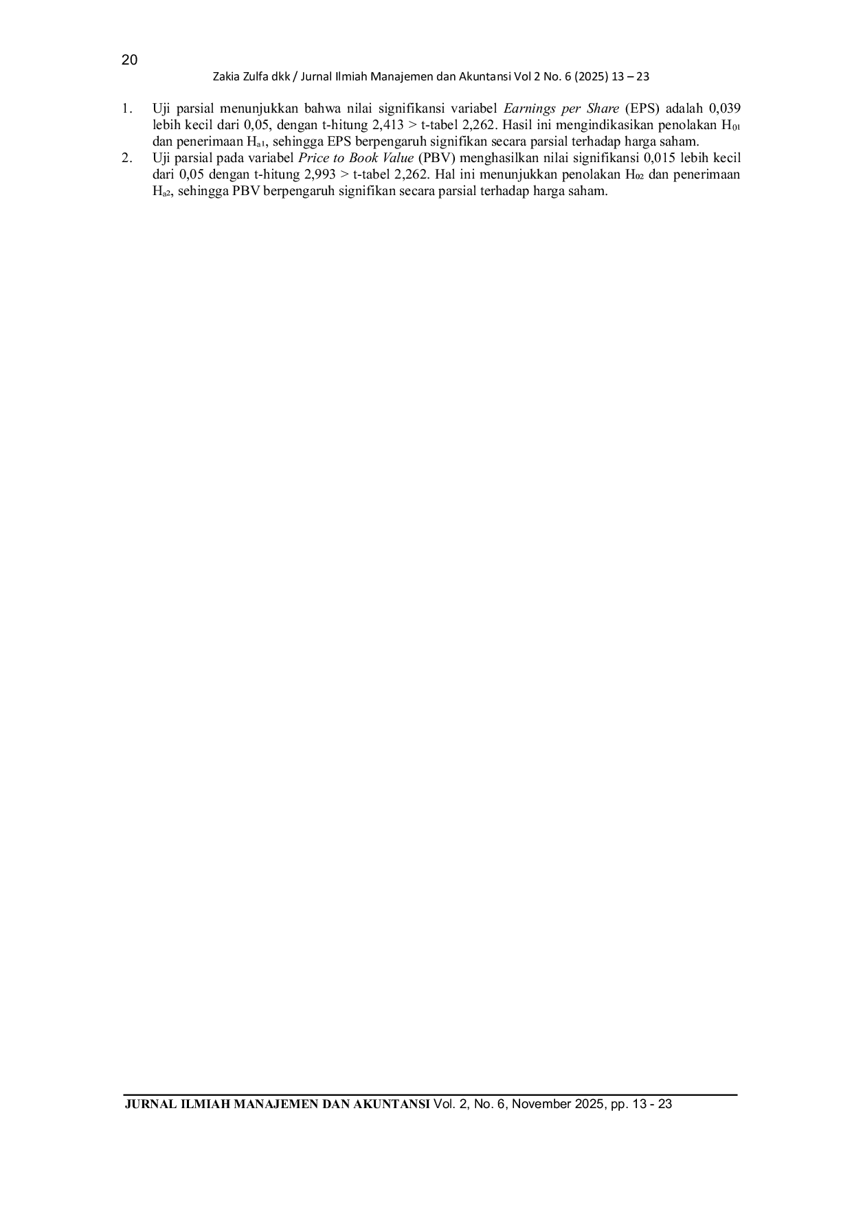 JURIS Pengaruh Earning Per Share dan Price to Book Value terhadap Harga Saham pada PT Hero Supermarket Tbk Periode 2012 2023
