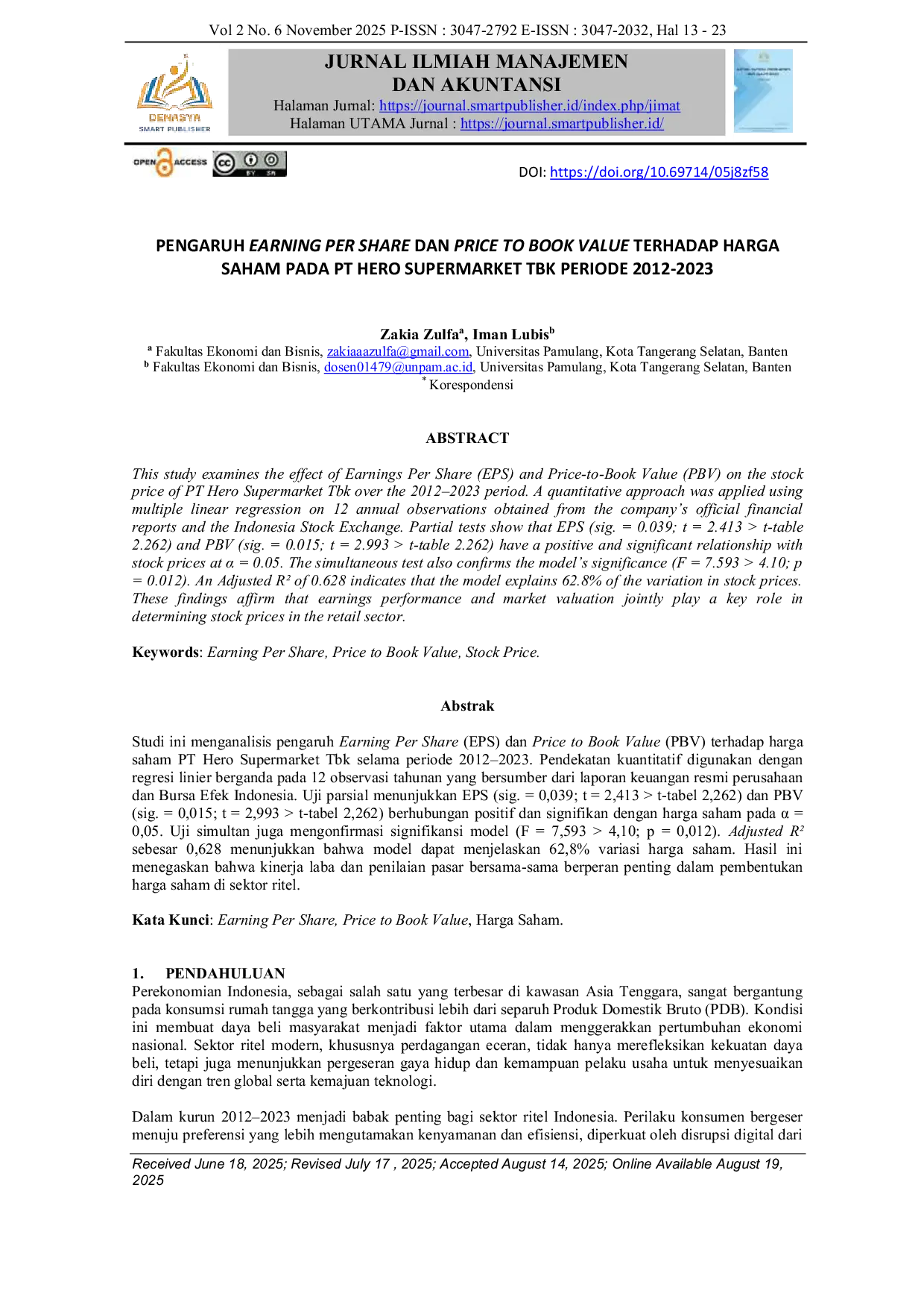 JURIS Pengaruh Earning Per Share dan Price to Book Value terhadap Harga Saham pada PT Hero Supermarket Tbk Periode 2012 2023