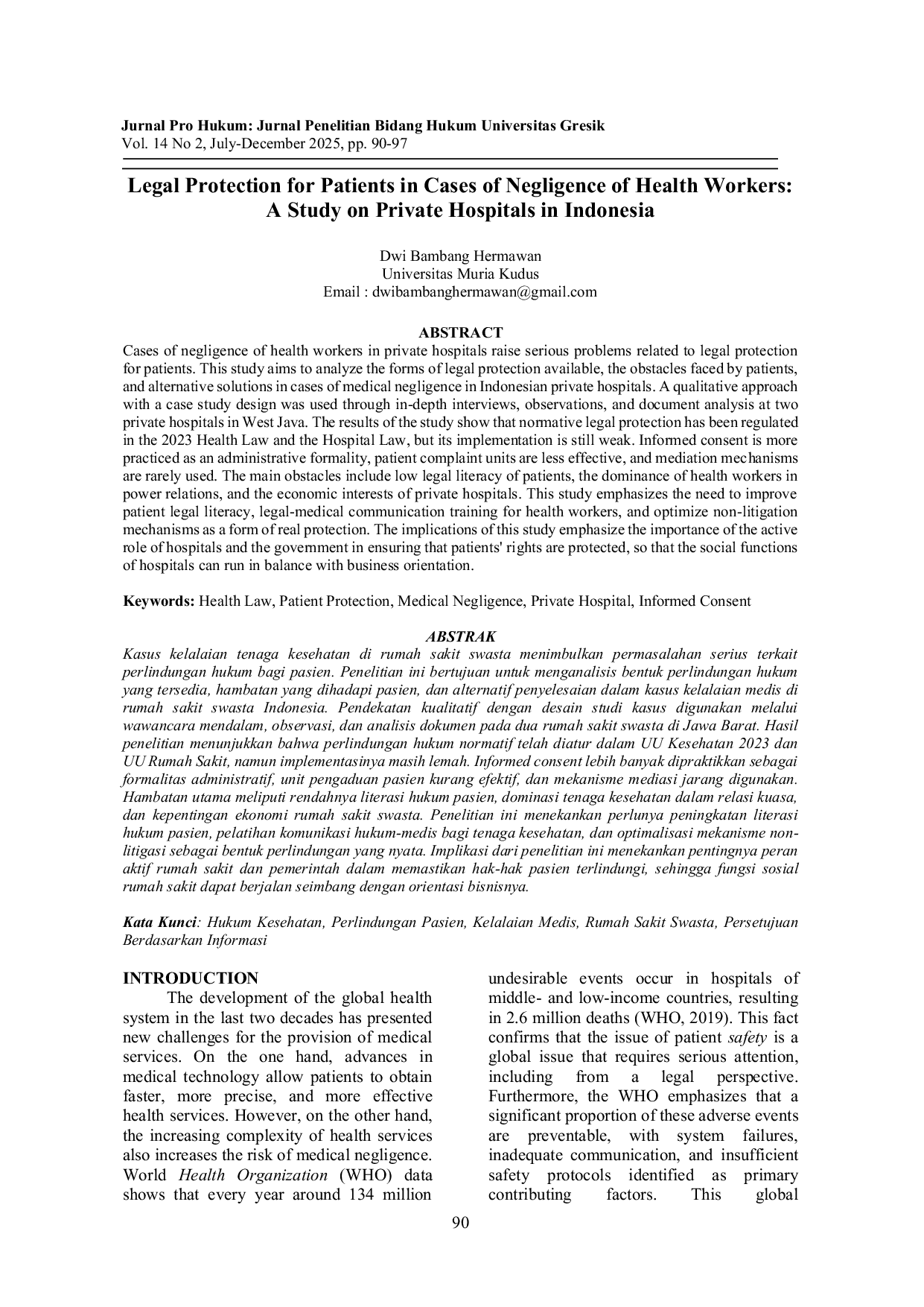 JURIS Legal Protection for Patients in Cases of Negligence of Health Workers A Study on Private Hospitals in Indonesia