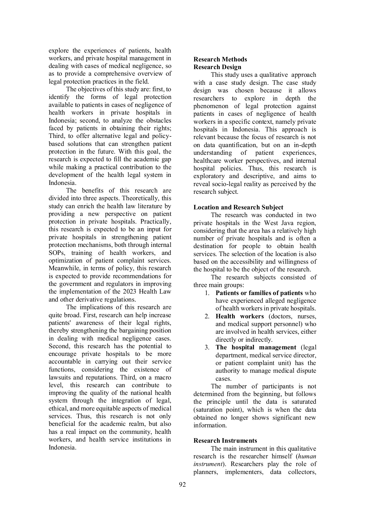 JURIS Legal Protection for Patients in Cases of Negligence of Health Workers A Study on Private Hospitals in Indonesia