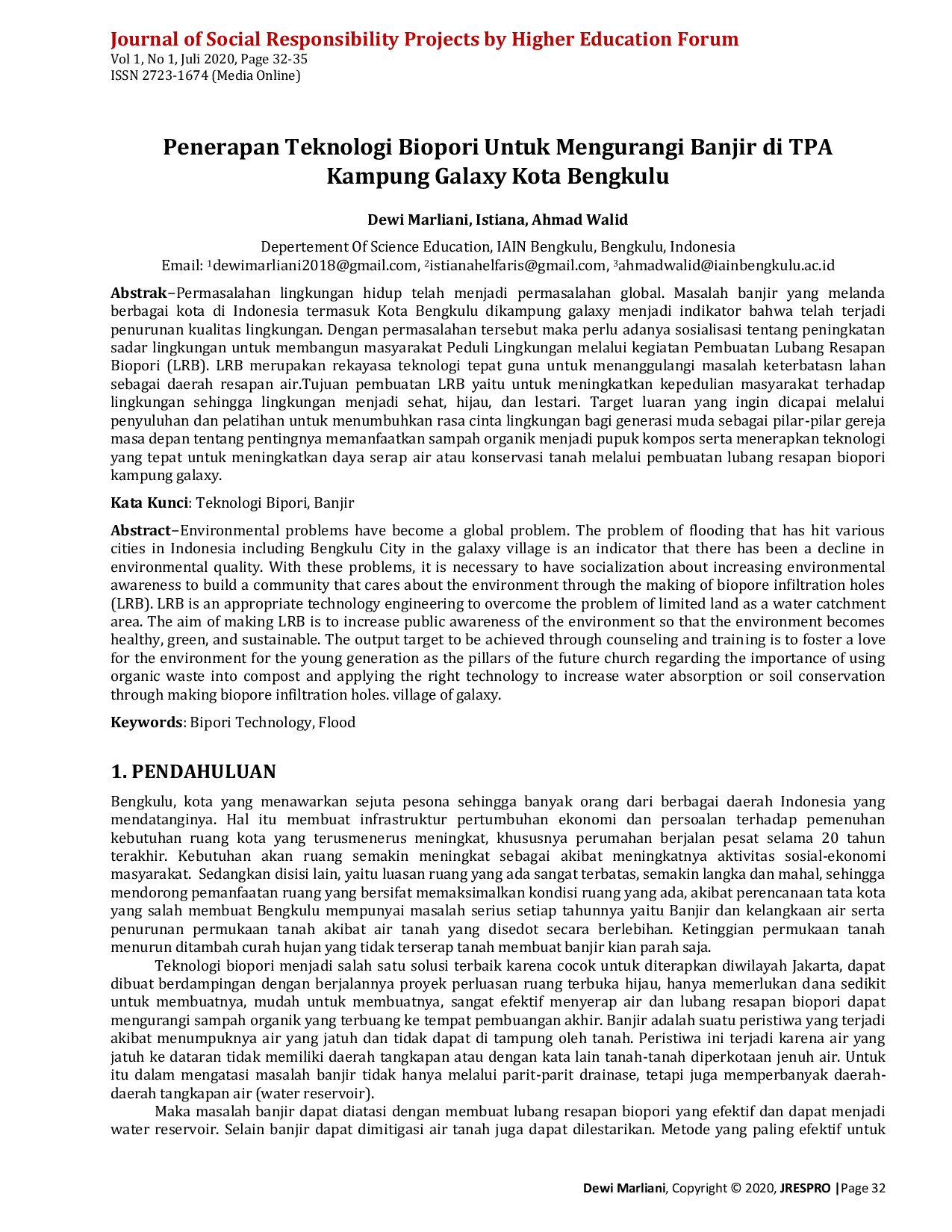 JURIS Penerapan Teknologi Biopori Untuk Mengurangi Banjir di TPA Kampung Galaxy Kota Bengkulu