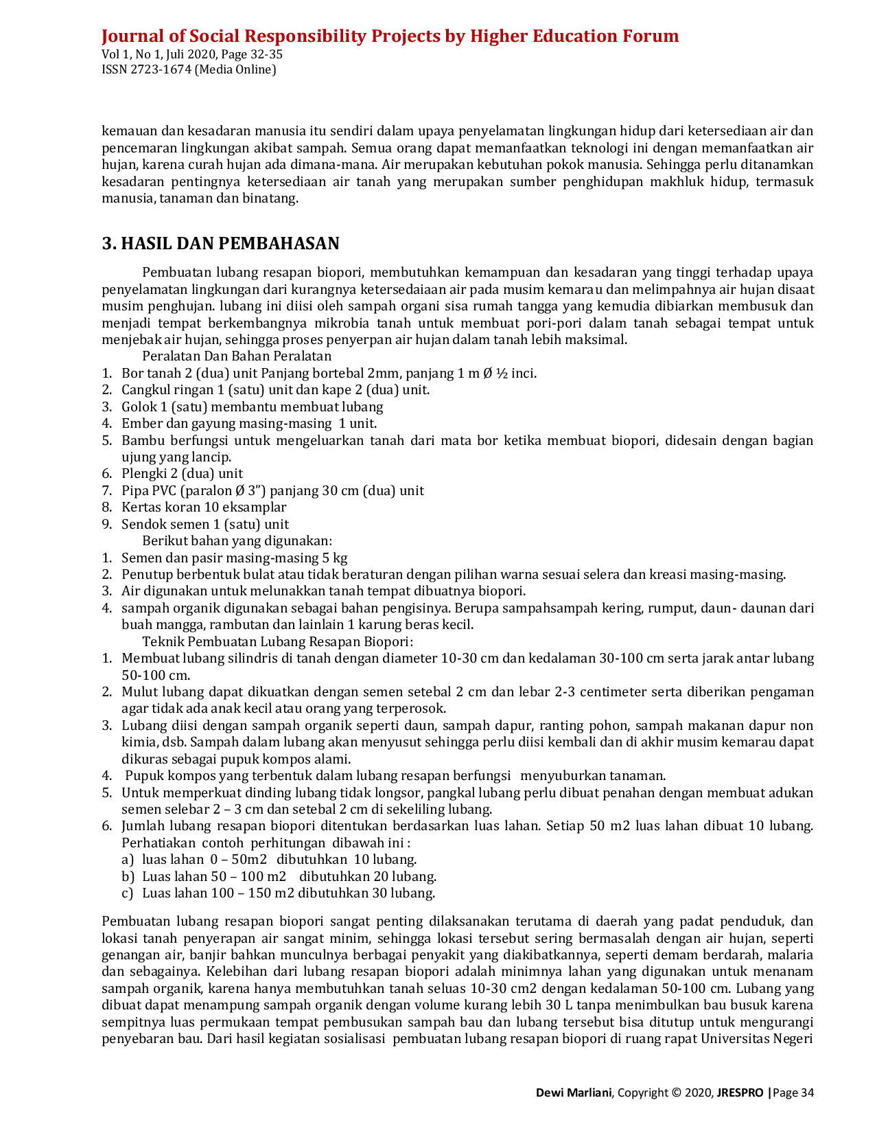 JURIS Penerapan Teknologi Biopori Untuk Mengurangi Banjir di TPA Kampung Galaxy Kota Bengkulu