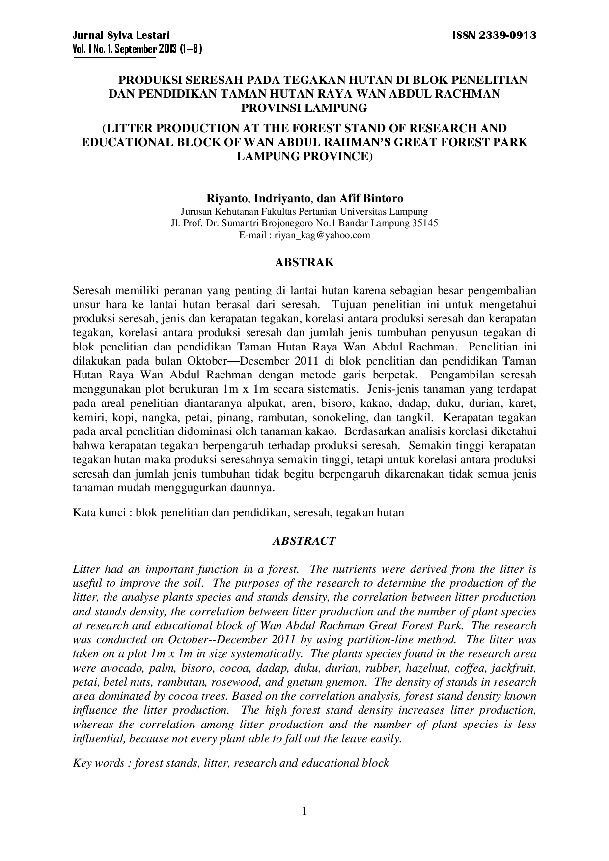 juris Produksi Seresah pada Tegakan Hutan di Blok Penelitian dan Pendidikan Taman Hutan Raya Wan Abdul Rachman Provinsi Lampung