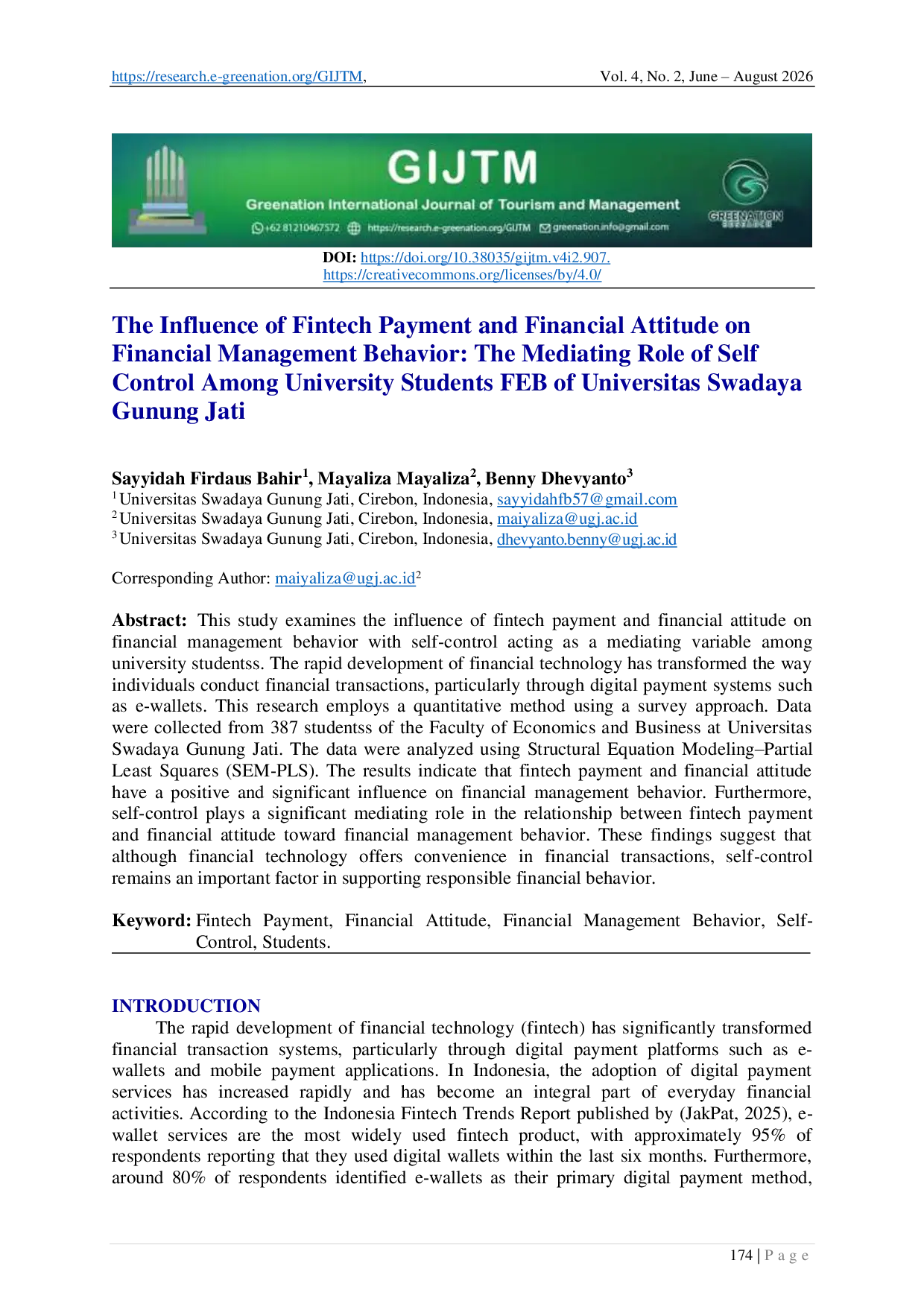 JURIS The Influence of Fintech Payment and Financial Attitude on Financial Management Behavior The Mediating Role of Self Control Among University Students FEB of Universitas Swadaya Gunung Jati