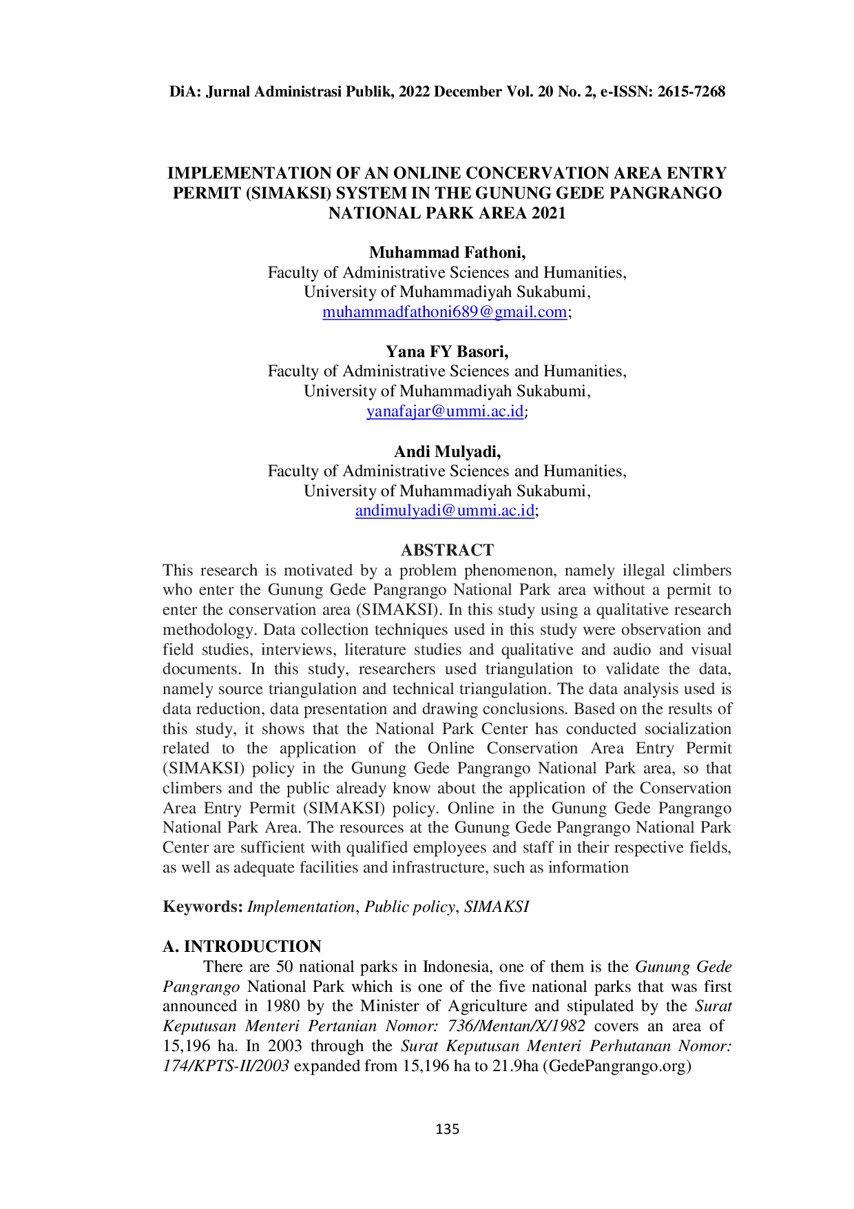 JURIS Implementation of an Online Conservation Area Entry Permit SIMAKSI System in the Gunung Gede Pangrango National Park Area 2021