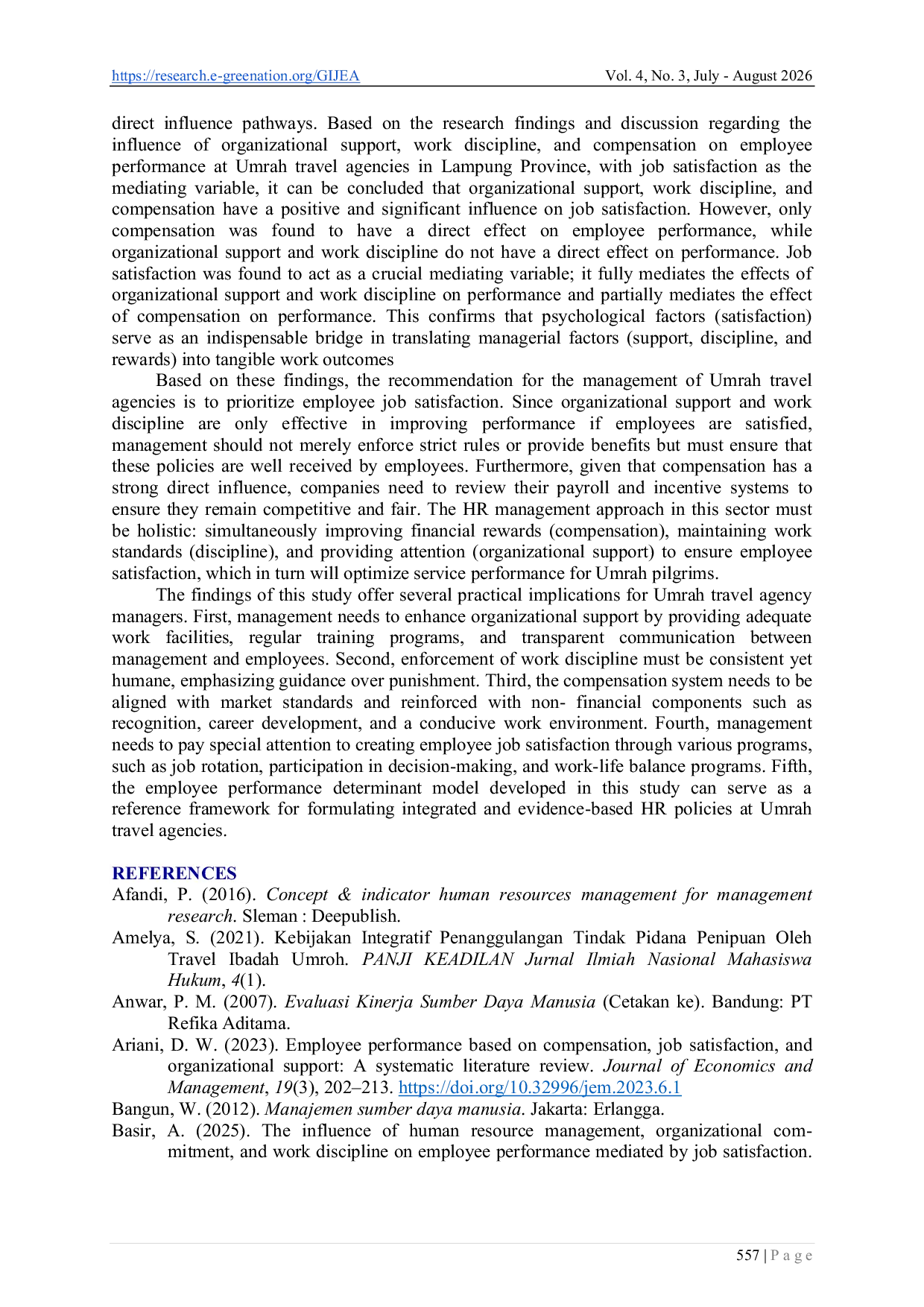 JURIS Determinant Model of Employee Performance through Job Satisfaction from a Human Resource Management Perspective at an Umrah Travel Agency