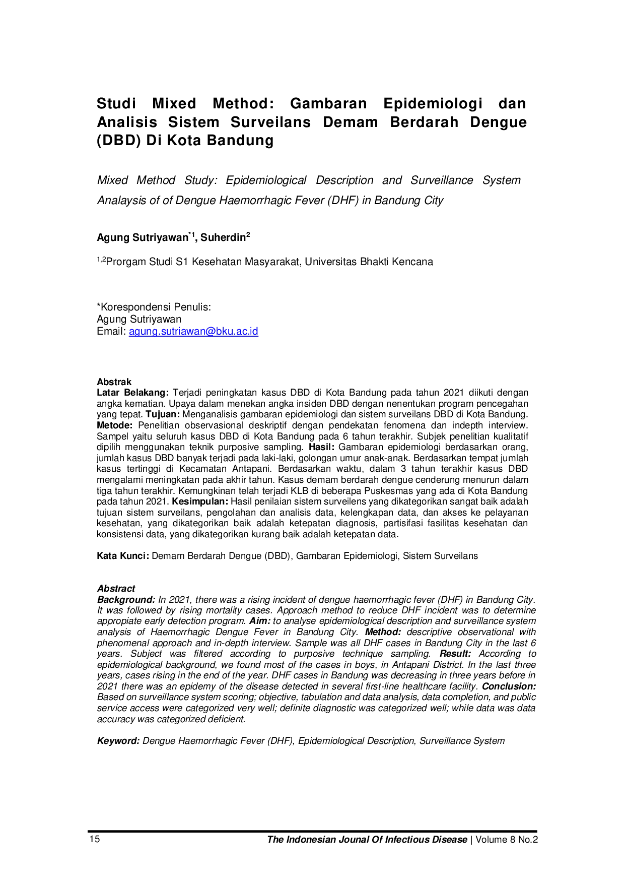 JURIS Studi Mixed Method Gambaran Epidemiologi dan Analisis Sistem Surveilans Demam Berdarah Dengue DBD di Kota Bandung